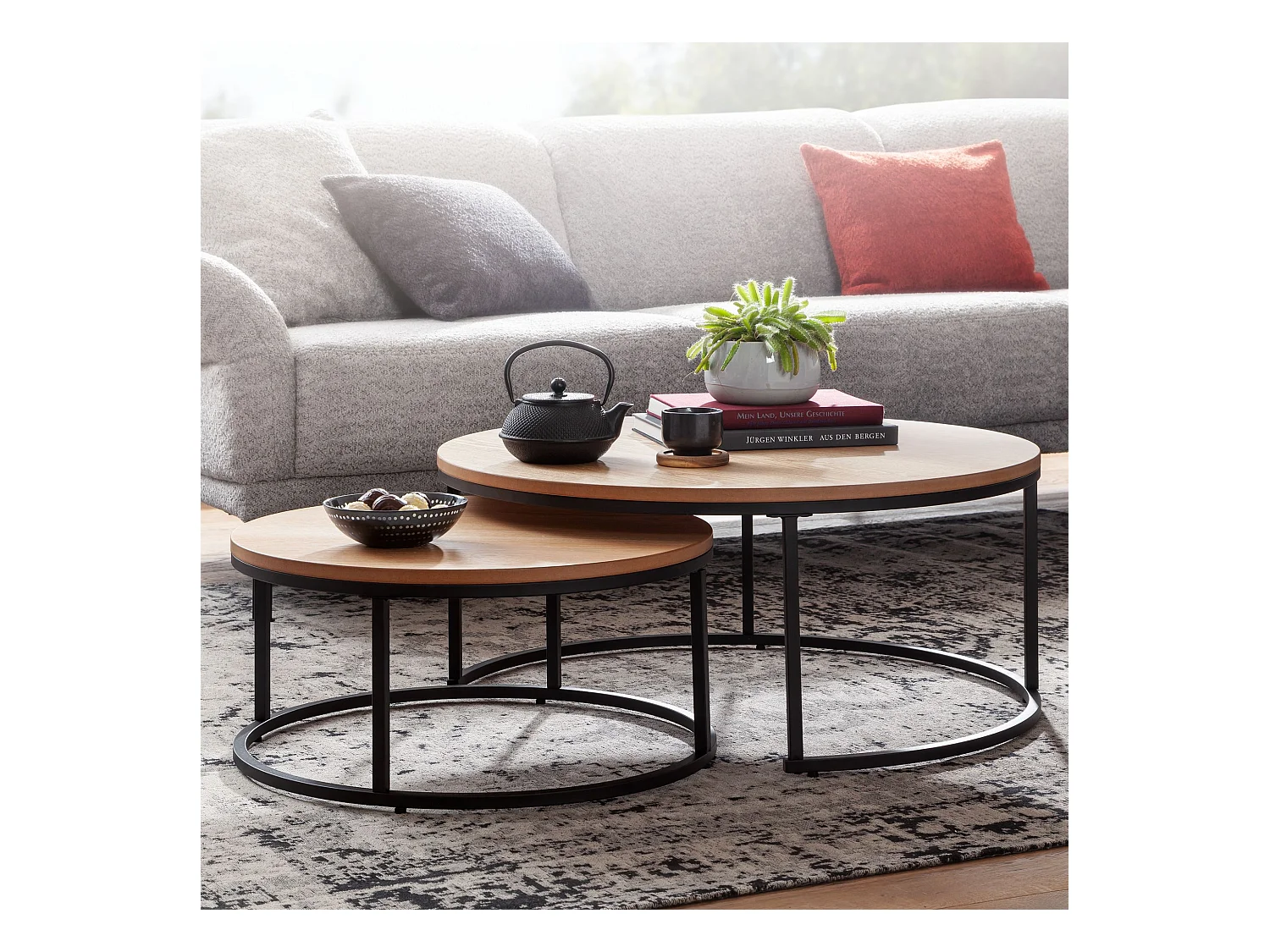 Set de 2 table basse métal bois chêne table ronde