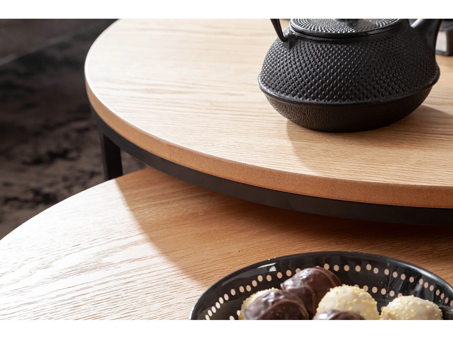 Couchtisch  Sofatisch 2er Set Eiche Holz Metall Satztisch Tisch Rund