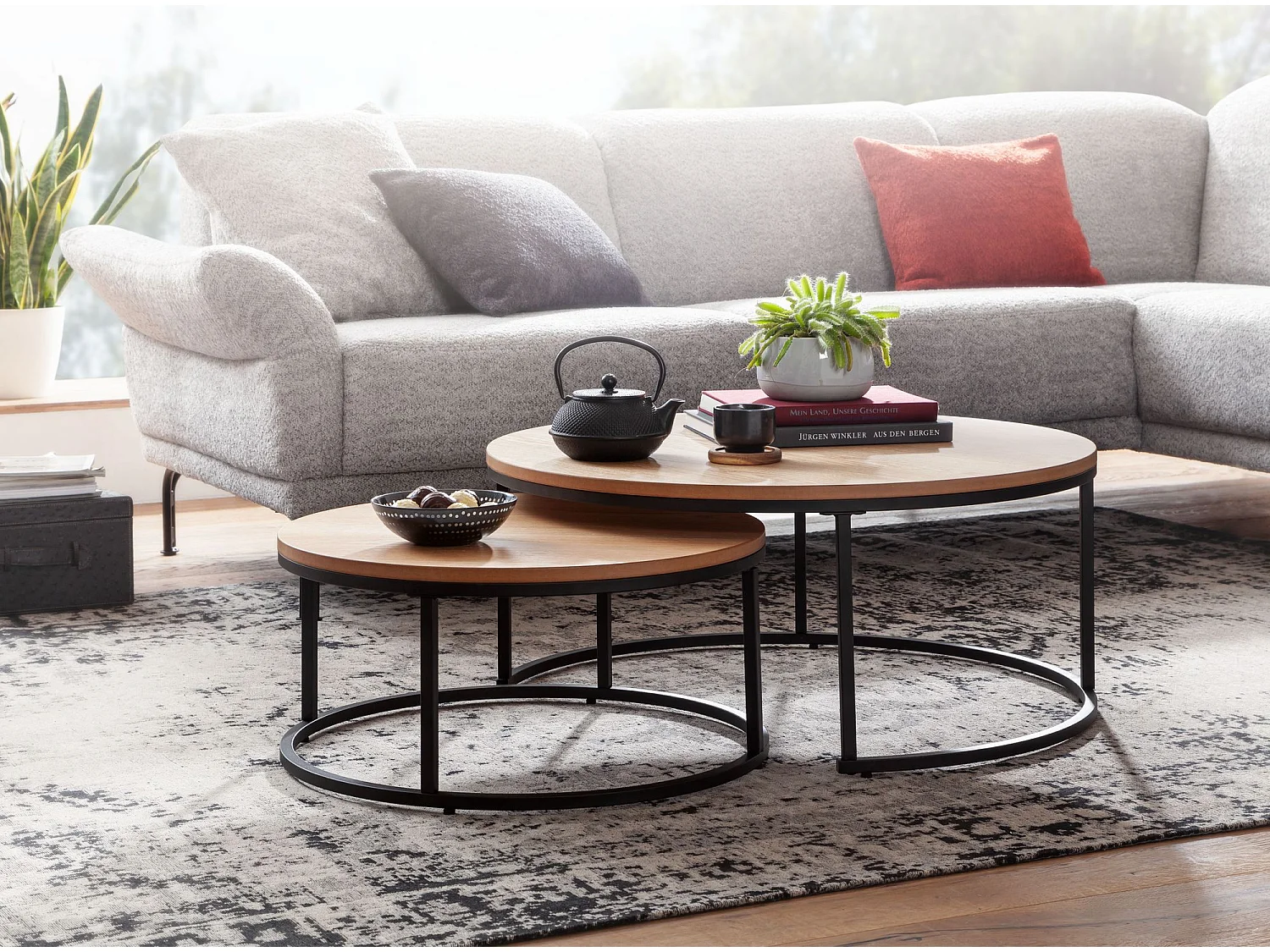Couchtisch  Sofatisch 2er Set Eiche Holz Metall Satztisch Tisch Rund
