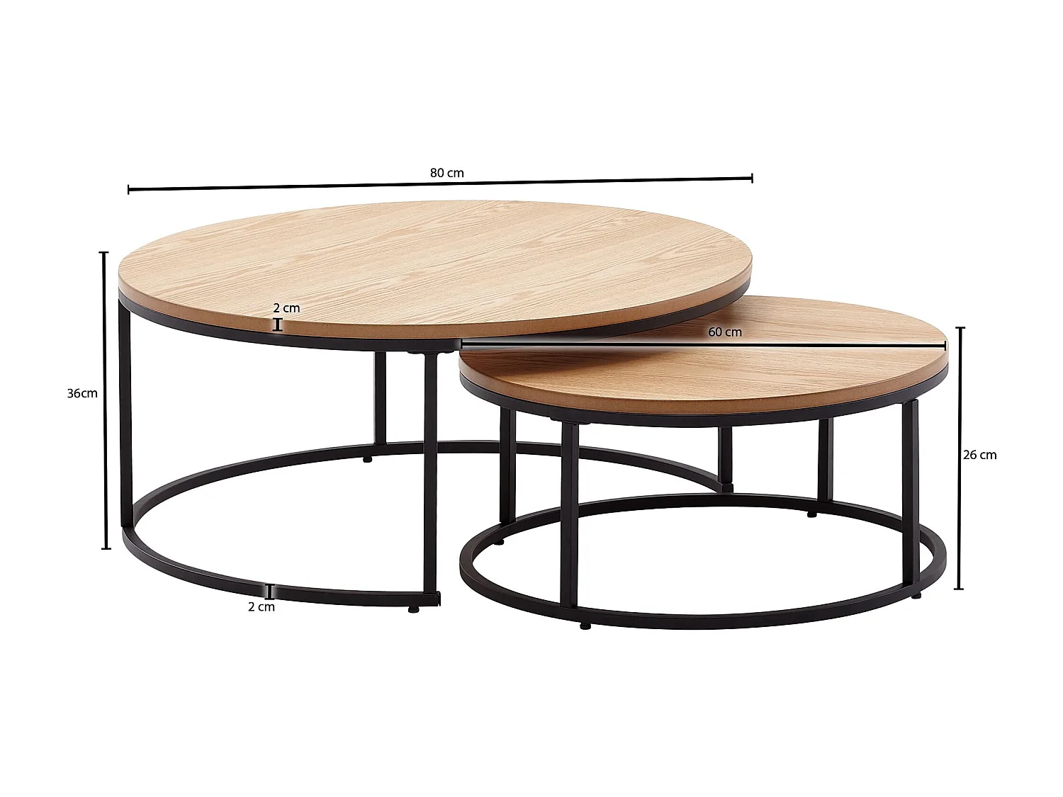 Couchtisch  Sofatisch 2er Set Eiche Holz Metall Satztisch Tisch Rund
