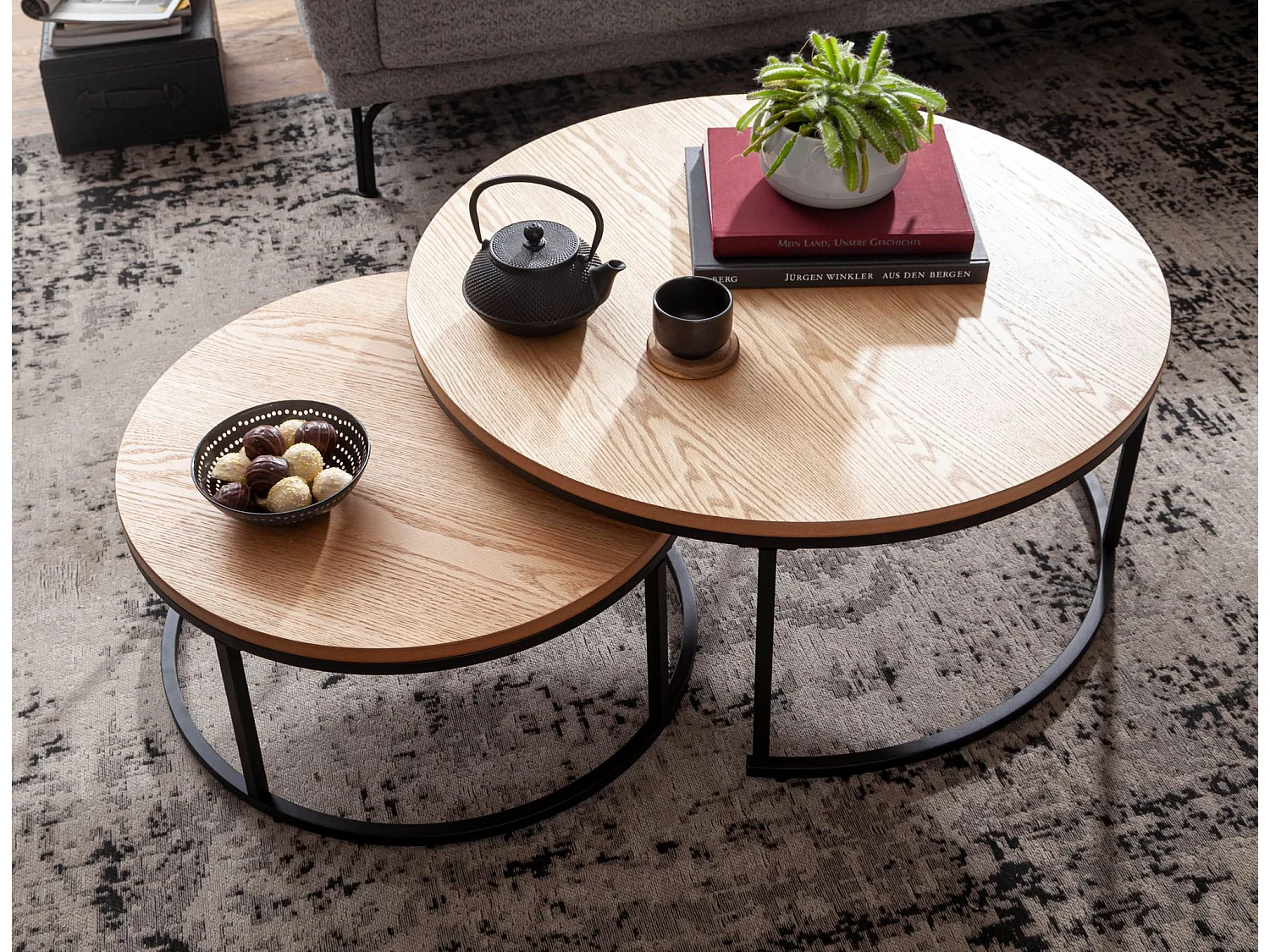 Couchtisch  Sofatisch 2er Set Eiche Holz Metall Satztisch Tisch Rund