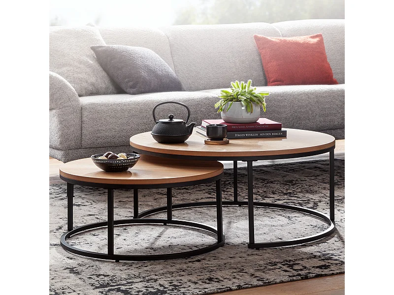 Set de 2 table basse métal bois chêne table ronde