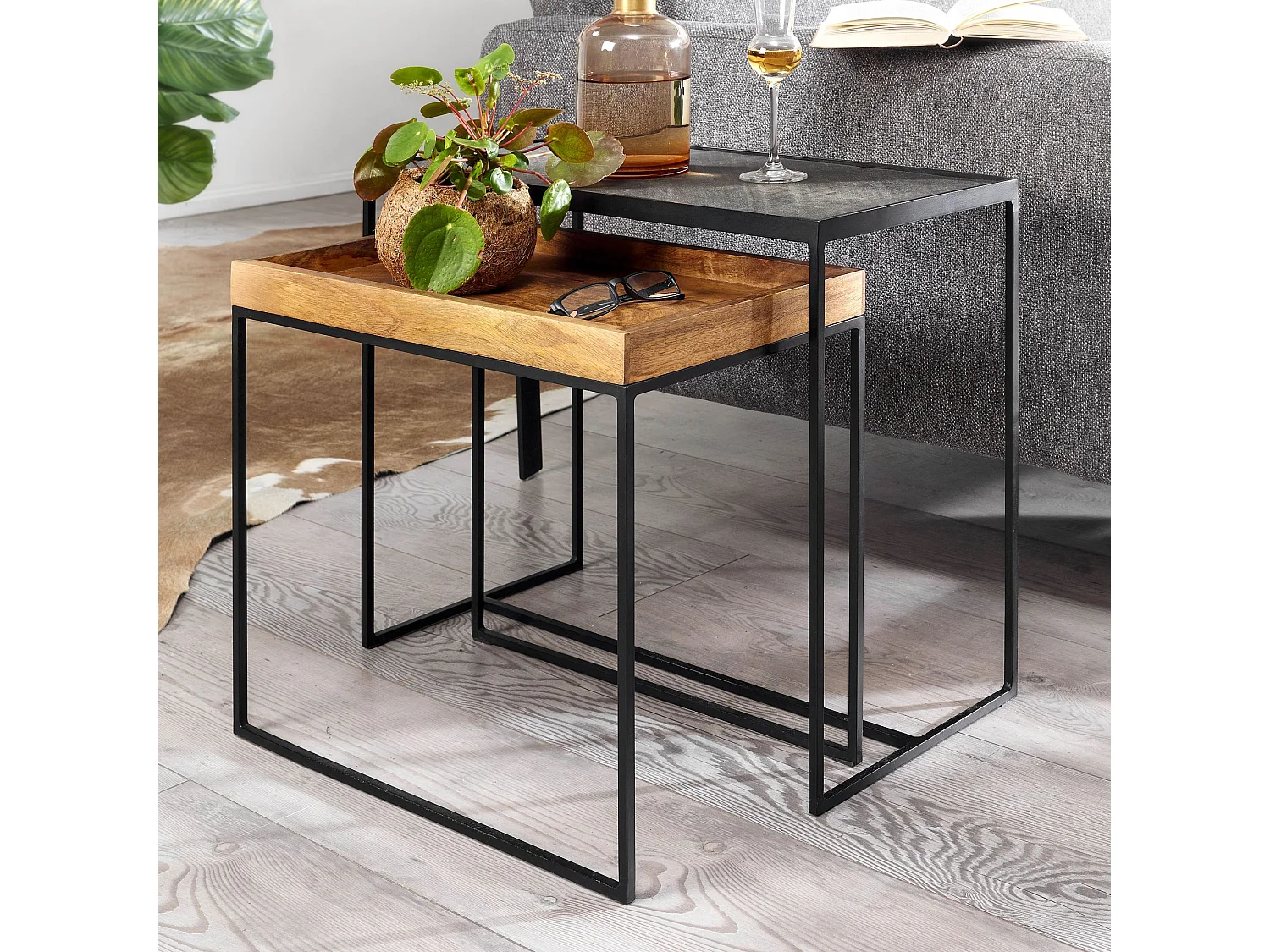 Beistelltisch  Satztisch Massivholz Stein 2 teilig Couchtisch Tisch Set