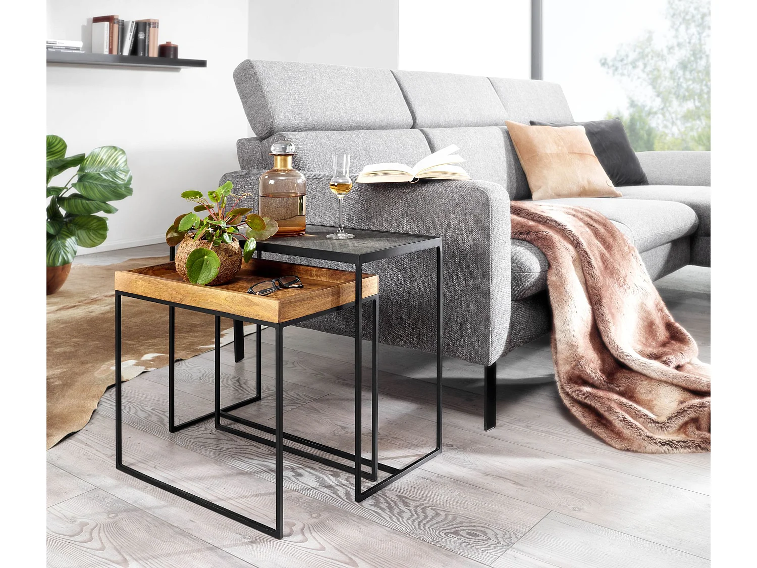 Beistelltisch  Satztisch Massivholz Stein 2 teilig Couchtisch Tisch Set