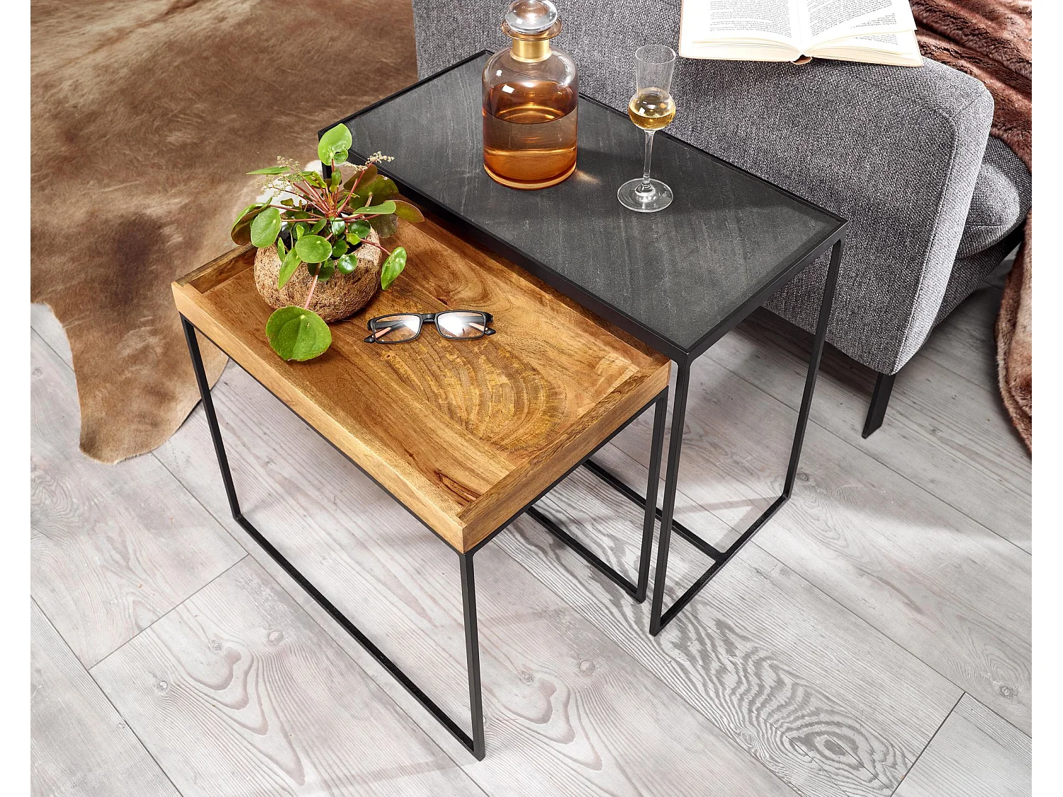 Beistelltisch  Satztisch Massivholz Stein 2 teilig Couchtisch Tisch Set