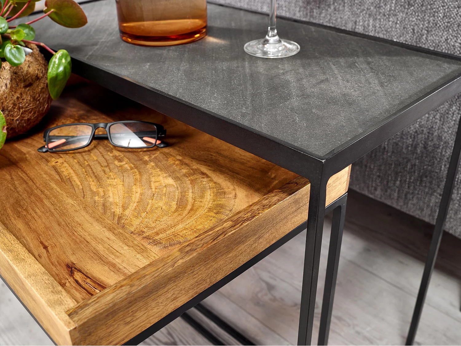 Beistelltisch  Satztisch Massivholz Stein 2 teilig Couchtisch Tisch Set