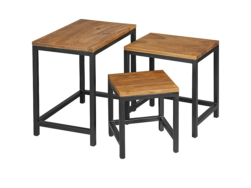 3er Set Beistelltisch Sheesham Satztisch Massivholz Couchtisch Metallbeine