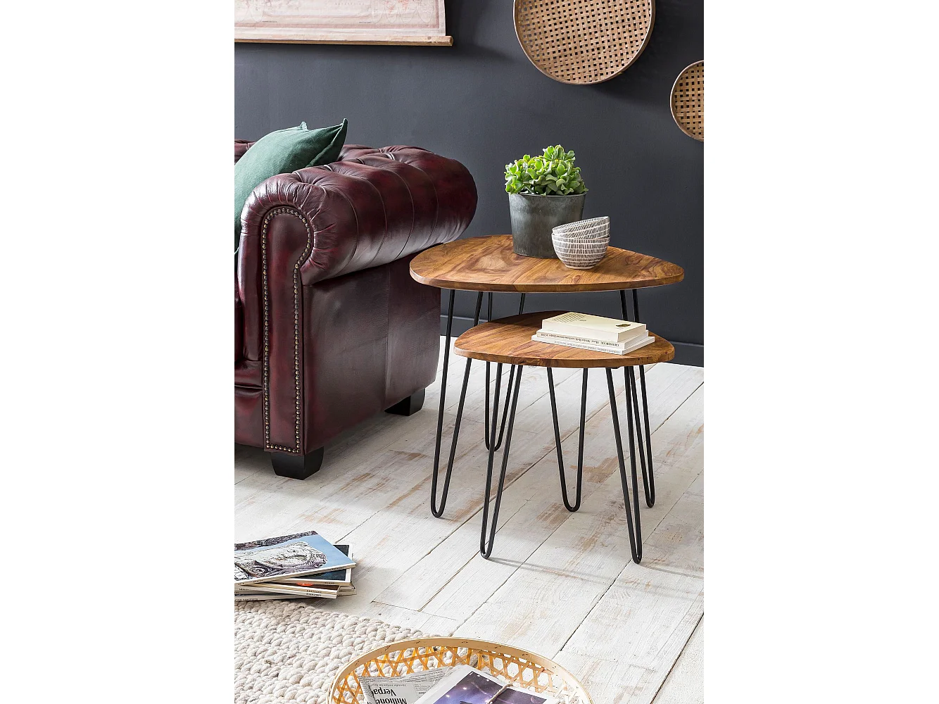 2er Set Beistelltisch FB51455 Sheesham Holz Metall Wohnzimmer Couchtisch