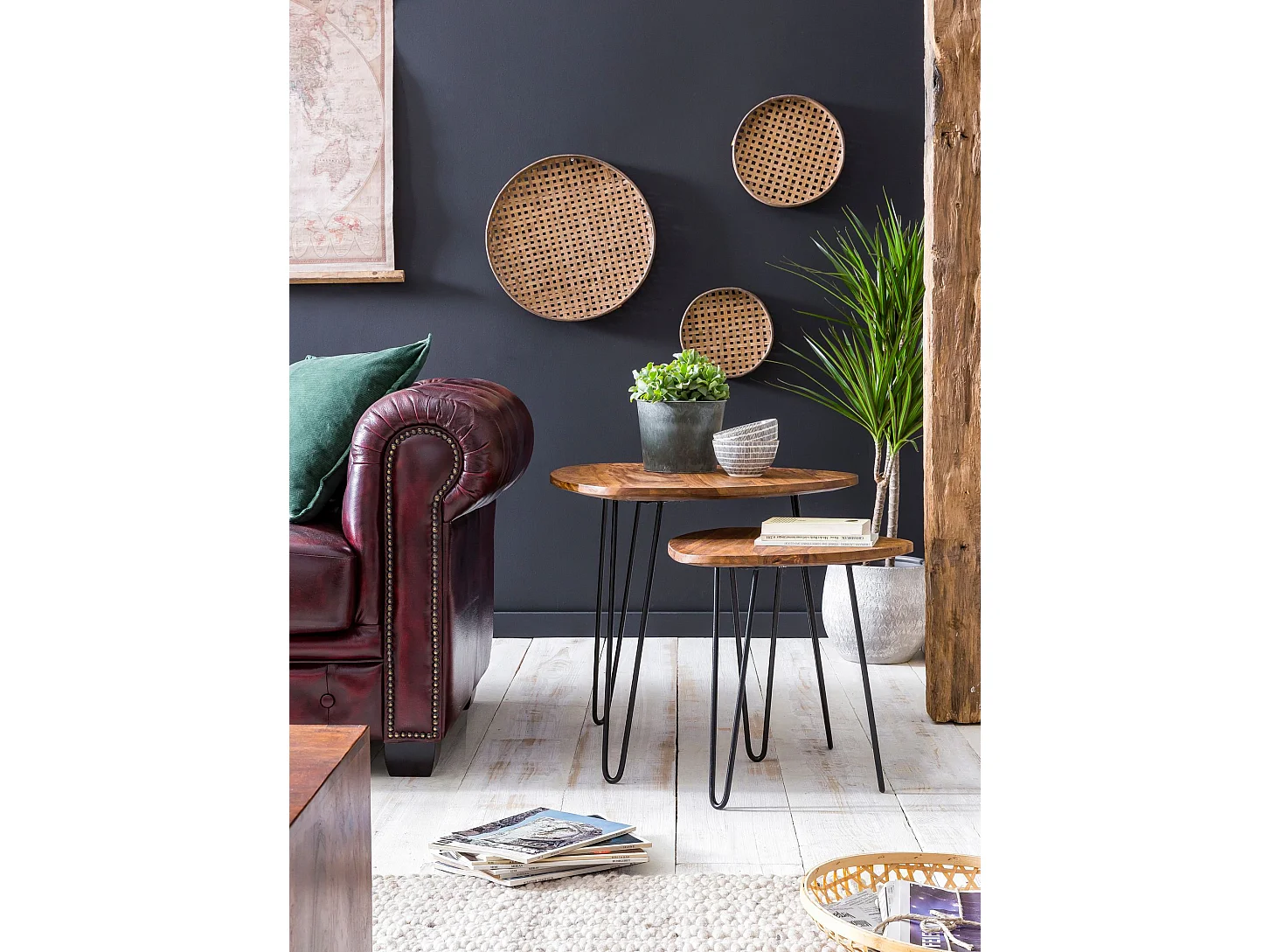 2er Set Beistelltisch FB51455 Sheesham Holz Metall Wohnzimmer Couchtisch