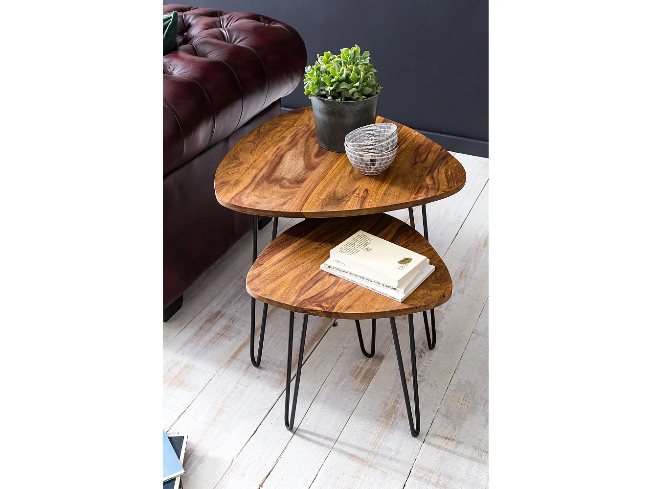 2er Set Beistelltisch FB51455 Sheesham Holz Metall Wohnzimmer Couchtisch