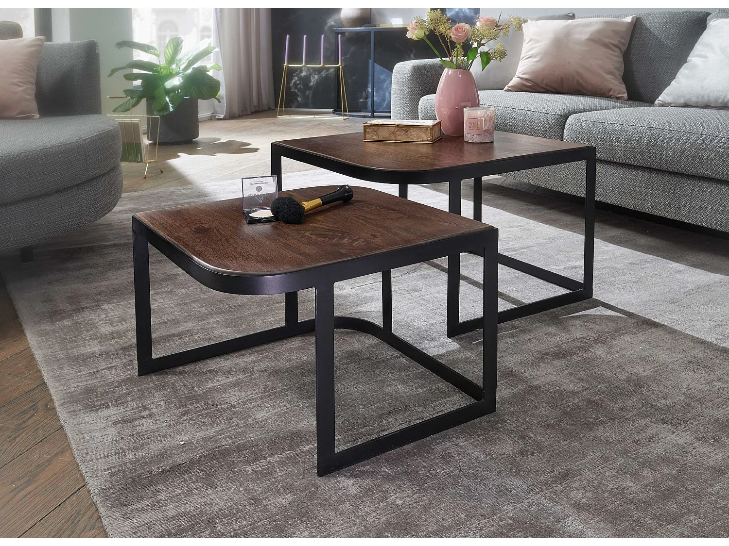Table Basse de Salon Lot de 2 Table de Canapé Bois Metal Industriel