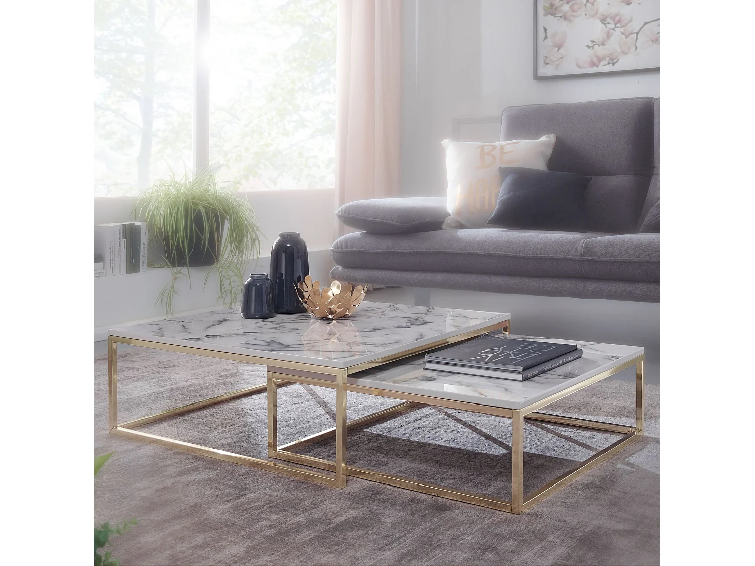 Couchtisch 2er Set Marmor Optik Satztisch Modern Metallgestell Sofatisch