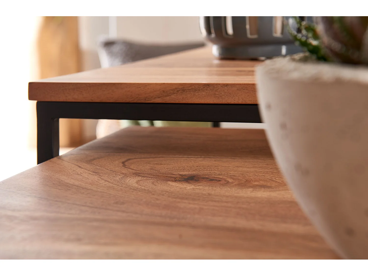 Couchtisch Massivholz Metall Satztisch 2 teilig Eckig Beistelltisch Set