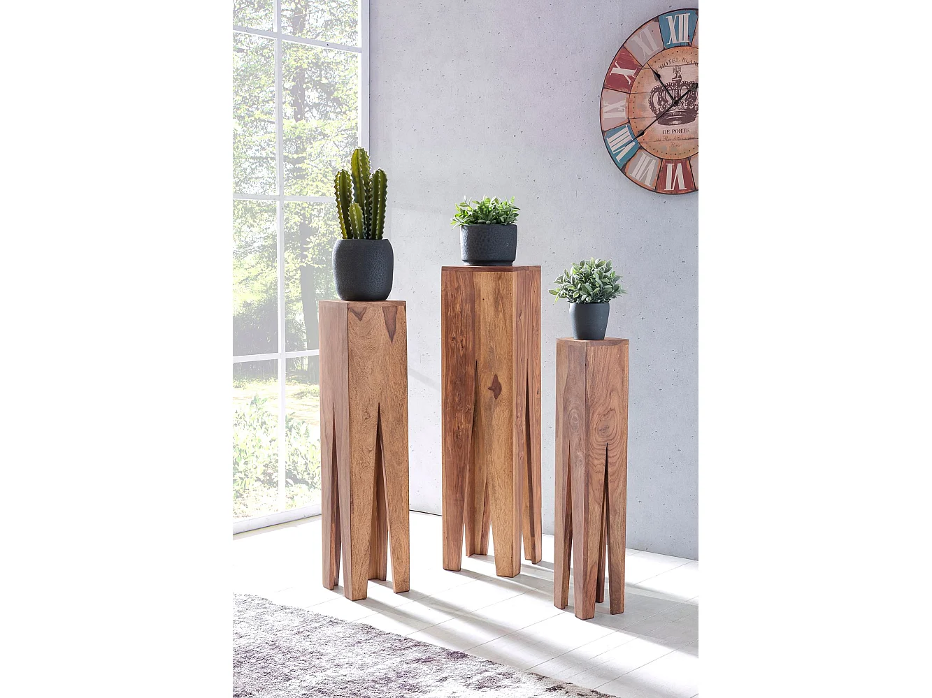 Satztisch  Massivholz Blumentisch 3er Set Säulentisch Dekosäule Eckig