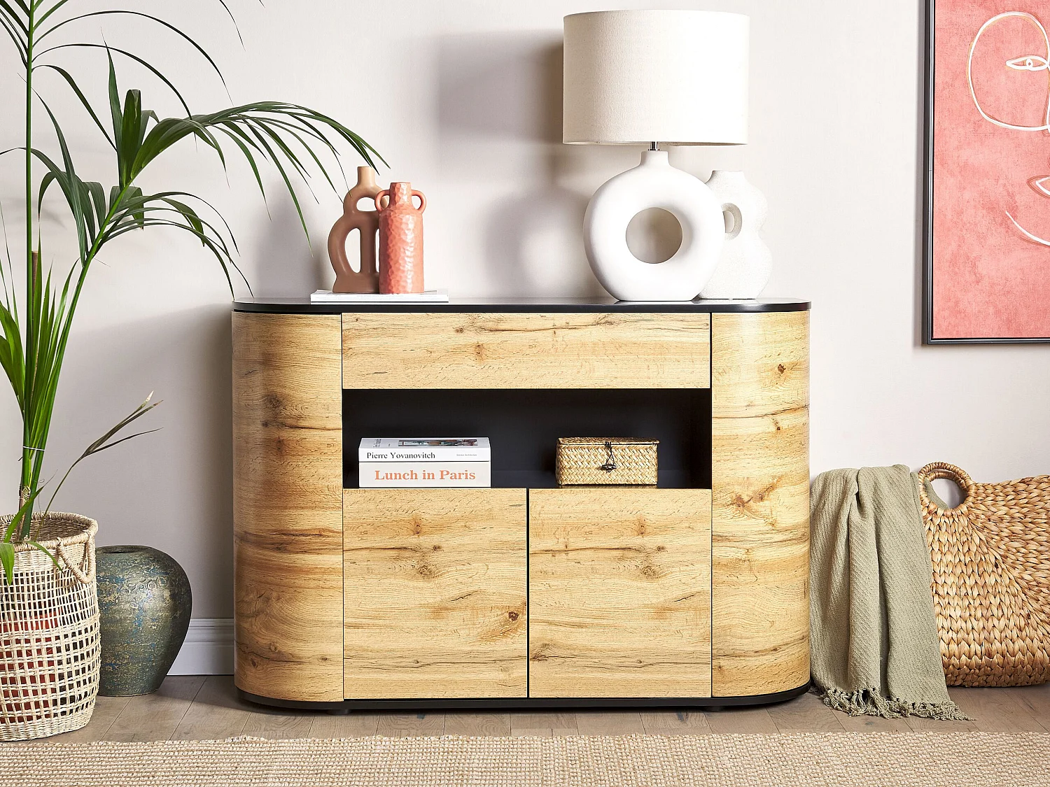 Sideboard heller Holzfarbton / schwarz 120x40x83 cm 4 Türen 1 Schublade Jerome