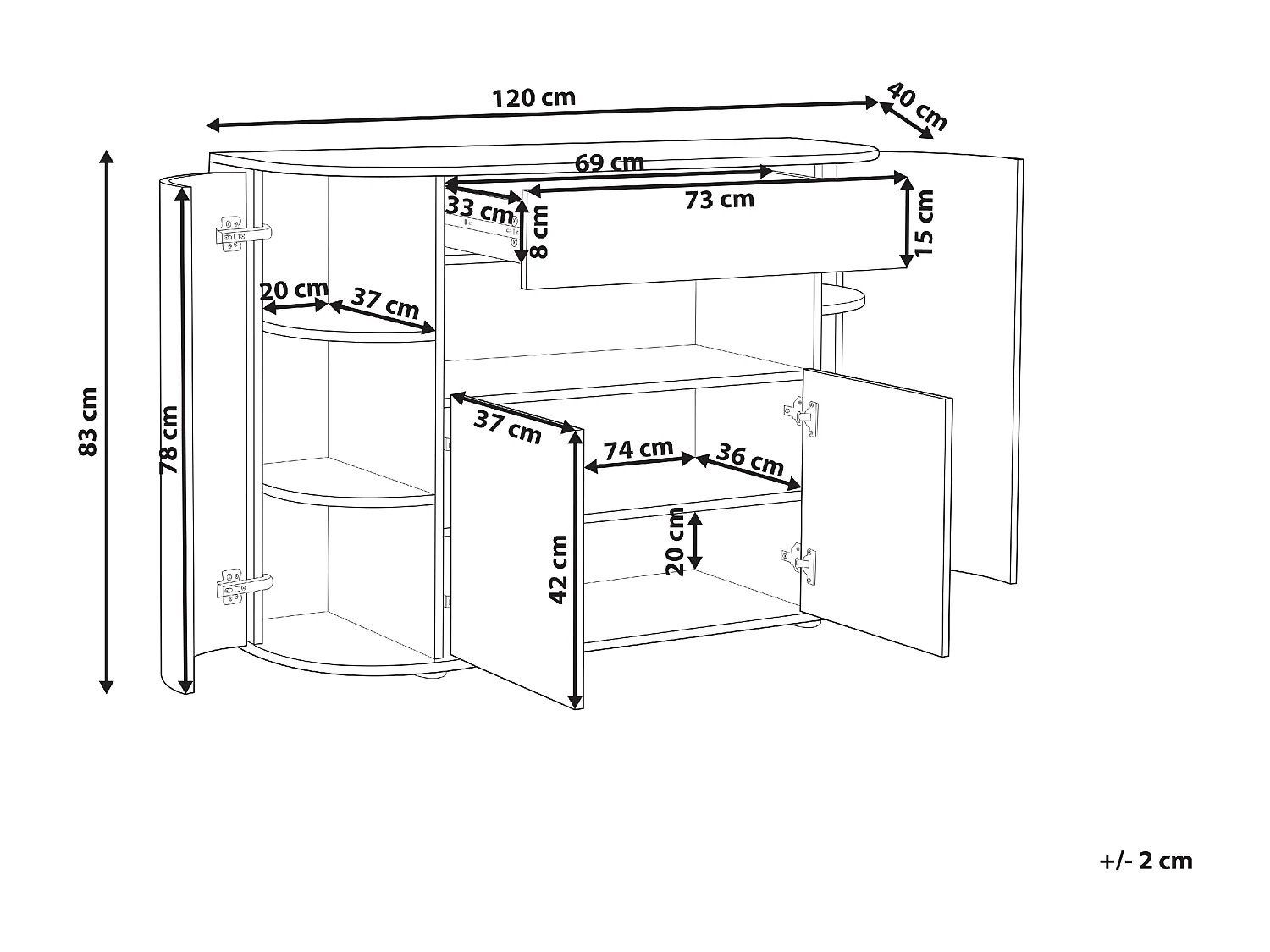 Sideboard heller Holzfarbton / schwarz 120x40x83 cm 4 Türen 1 Schublade Jerome