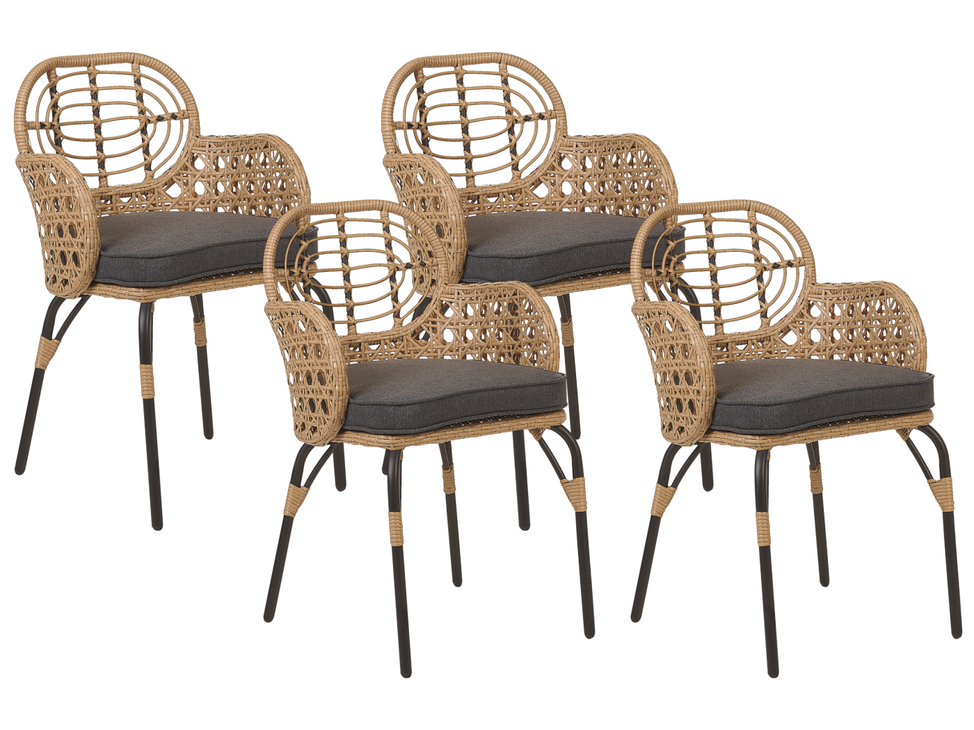 Gartenstuhl Rattan natürlich Auflage graphitgrau 4er Set PRATELLO