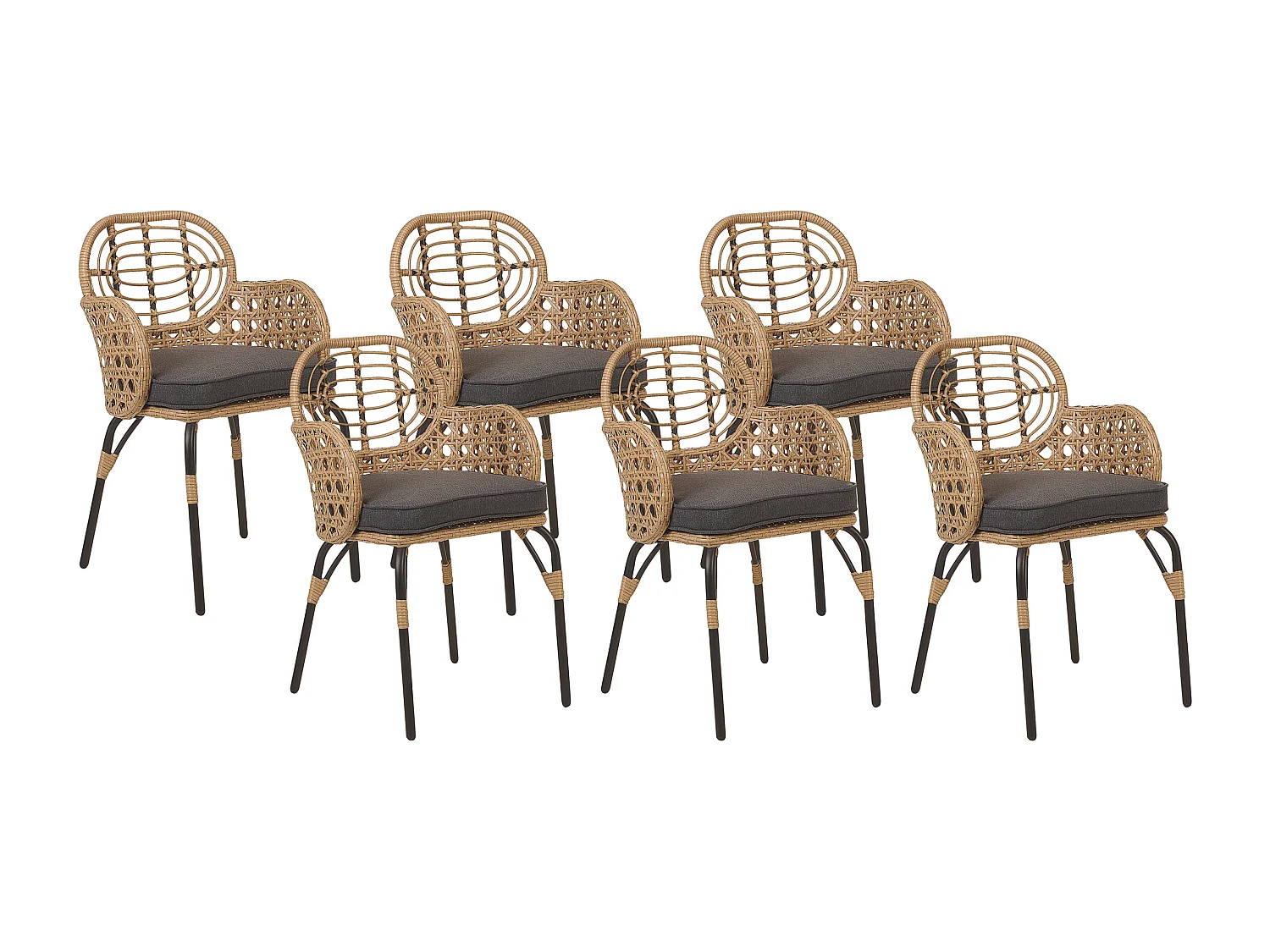 Gartenstuhl 6er Set Rattan natürlich beige mit Armlehnen Auflage grau Pratello