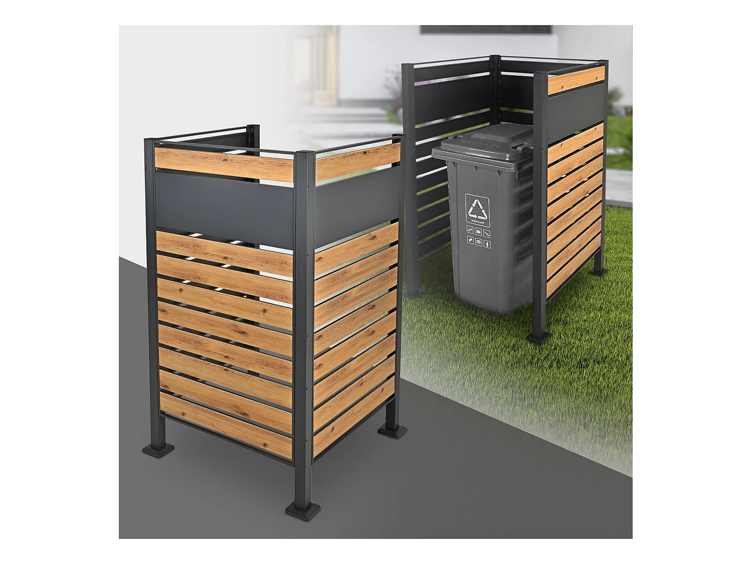 Abri pour 1 poubelle 91x91x150cm anthracite/aspect bois en acier extensible avec d'autres éléments habillage rangement de jardin protection visuelle