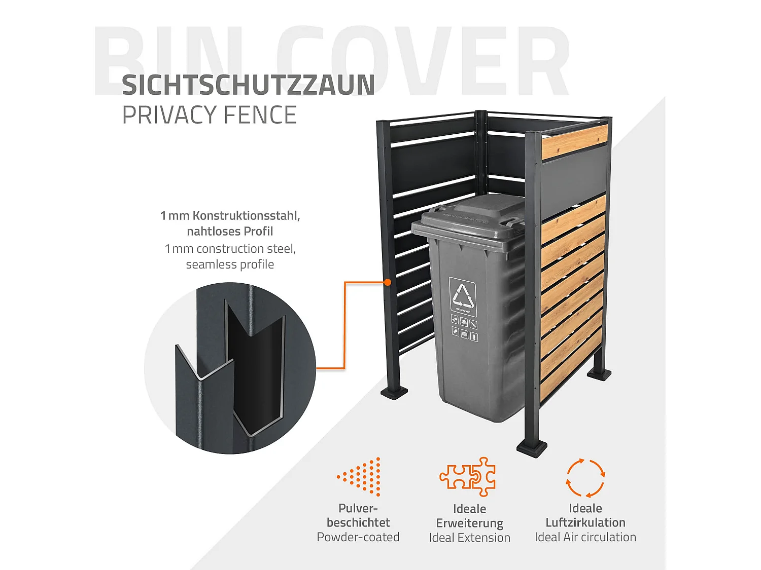 Abri pour 1 poubelle 91x91x150cm anthracite/aspect bois en acier extensible avec d'autres éléments habillage rangement de jardin protection visuelle