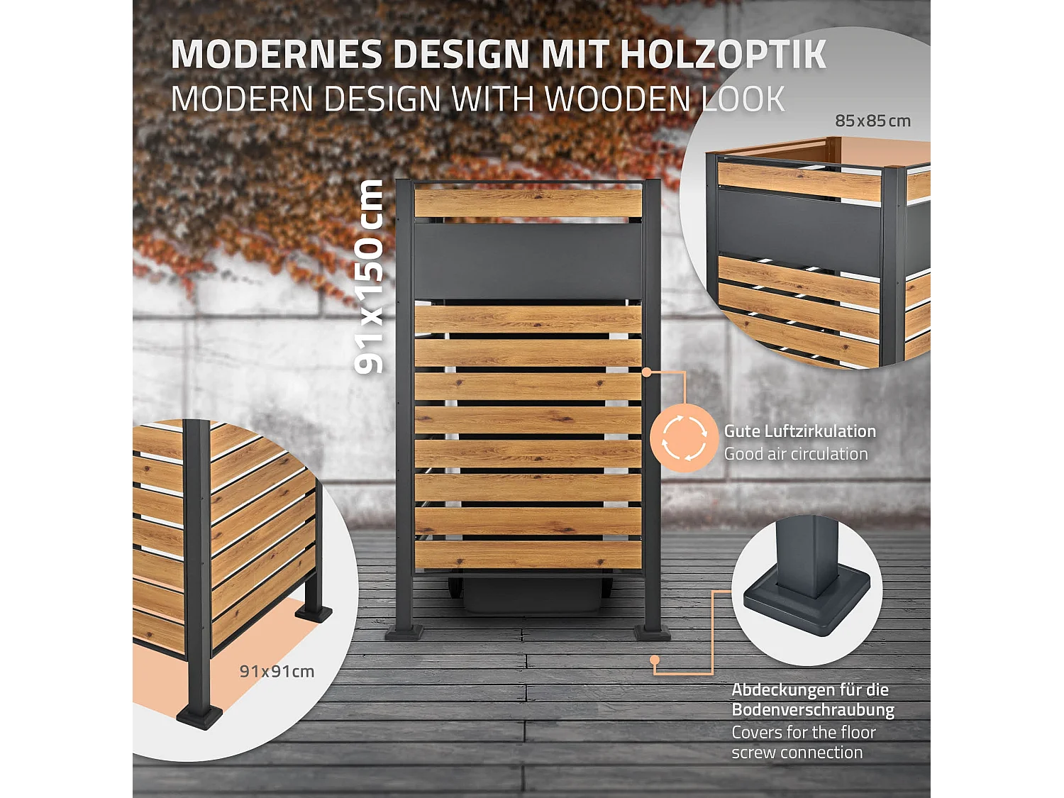 Abri pour 1 poubelle 91x91x150cm anthracite/aspect bois en acier extensible avec d'autres éléments habillage rangement de jardin protection visuelle