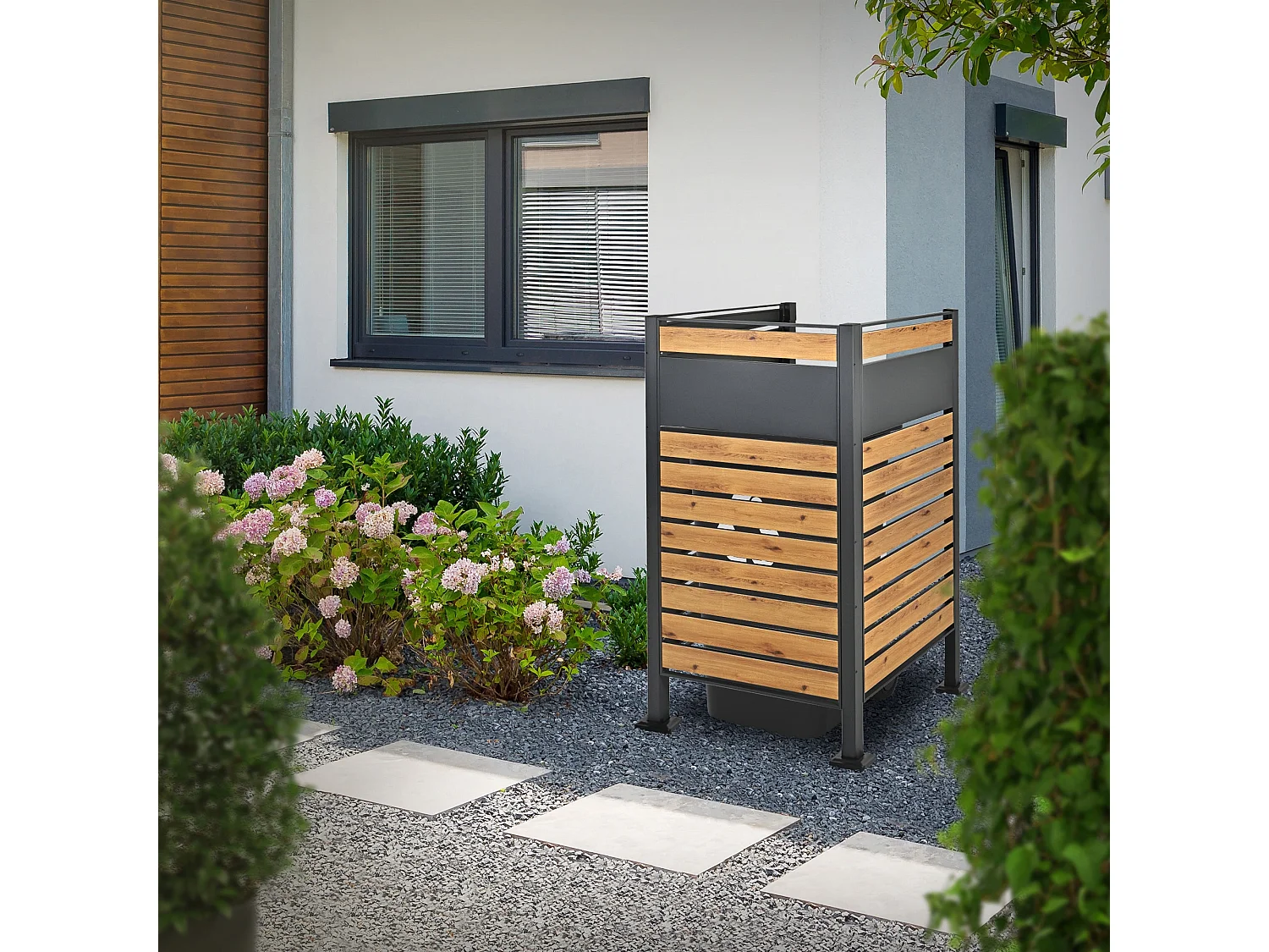 Abri pour 1 poubelle 91x91x150cm anthracite/aspect bois en acier extensible avec d'autres éléments habillage rangement de jardin protection visuelle