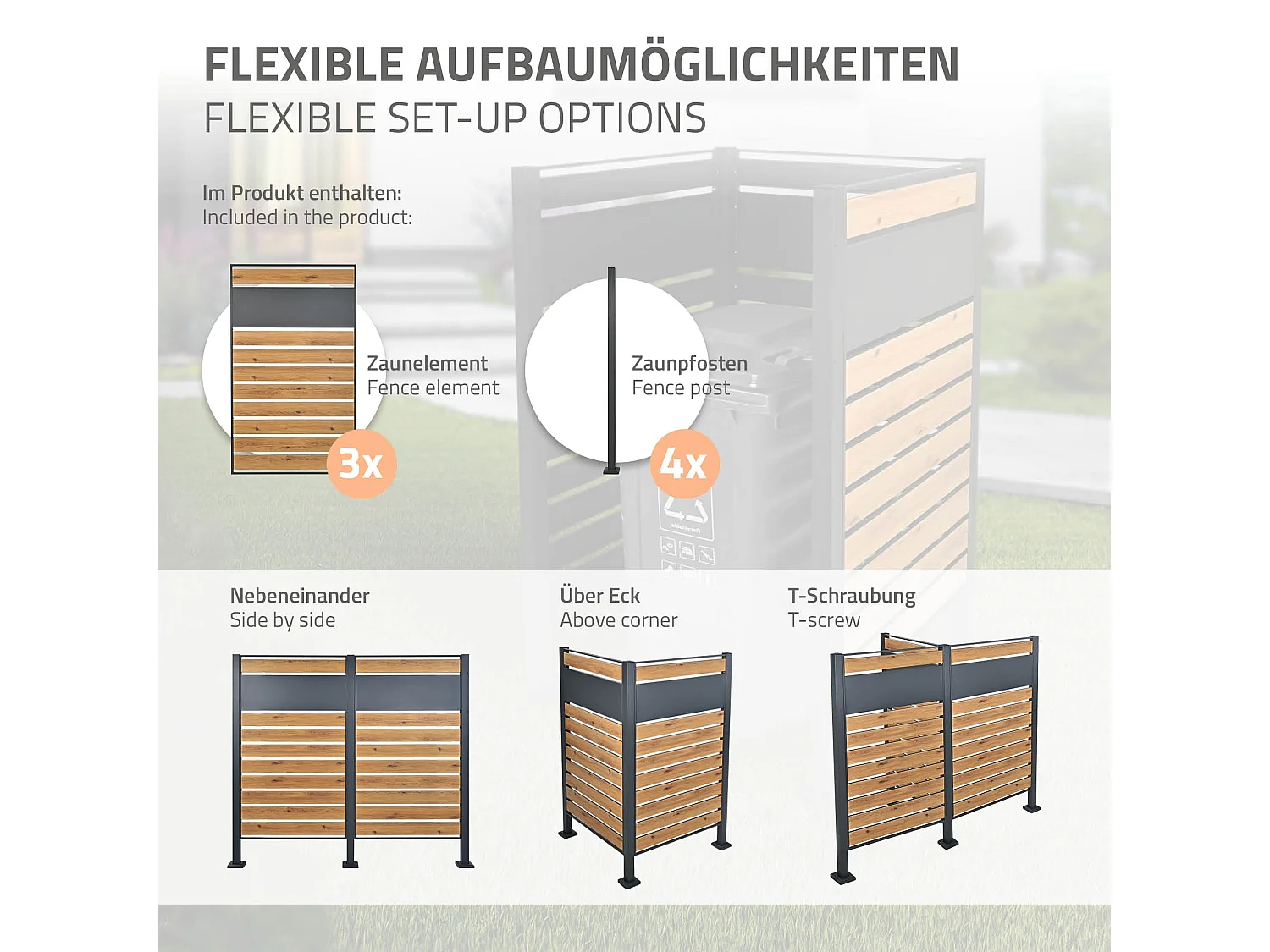 Abri pour 1 poubelle 91x91x150cm anthracite/aspect bois en acier extensible avec d'autres éléments habillage rangement de jardin protection visuelle