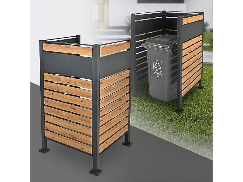 Abri pour 1 poubelle 91x91x150cm anthracite/aspect bois en acier extensible avec d'autres éléments habillage rangement de jardin protection visuelle