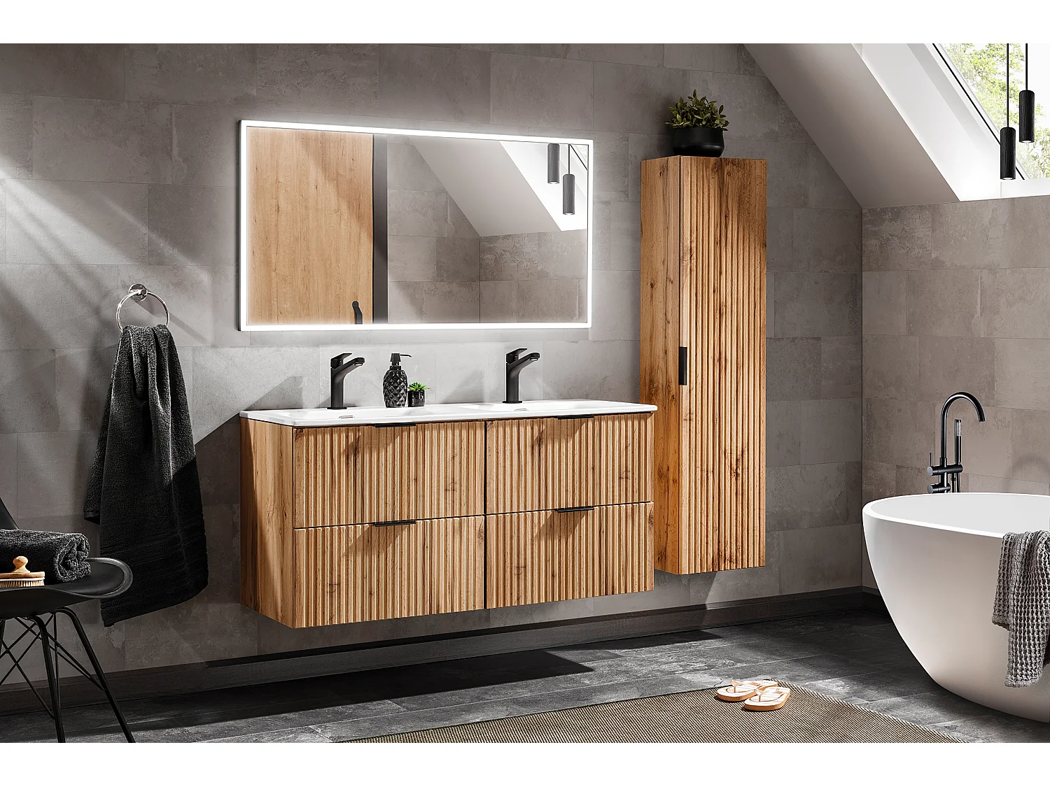 Bathroom Wall Cabinet Tall Slim Storage Unit Oak Ribbed Tallboy Floating Furniture Adel