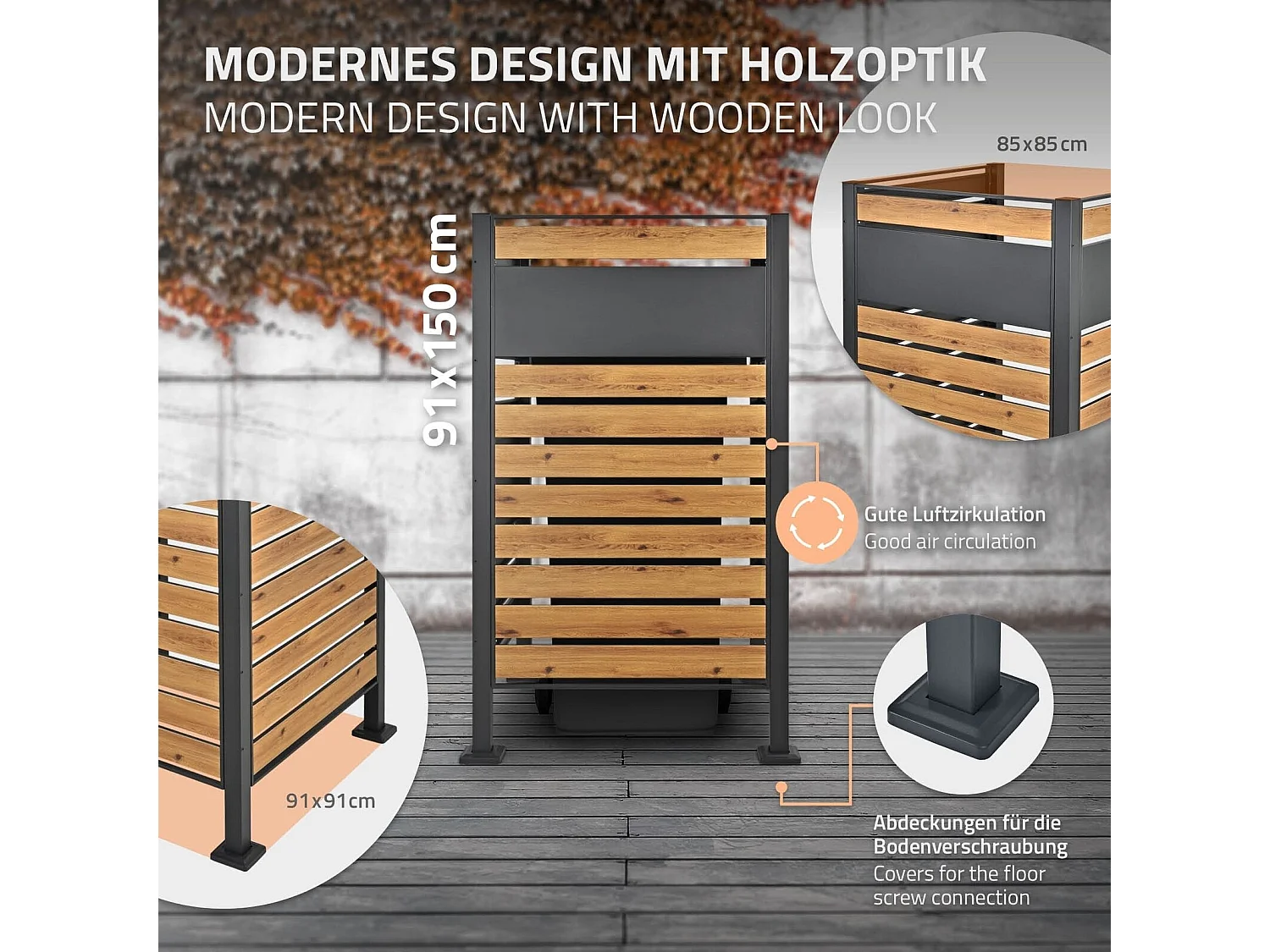 Abri pour 1 poubelle 91x91x150cm anthracite/aspect bois en acier 3 bacs à fleurs inclus extensible avec d'autres éléments habillage de jardin