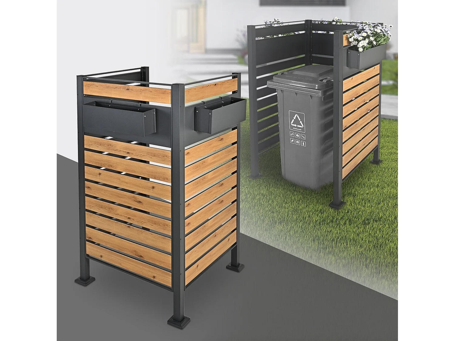 Abri pour 1 poubelle 91x91x150cm anthracite/aspect bois en acier 3 bacs à fleurs inclus extensible avec d'autres éléments habillage de jardin