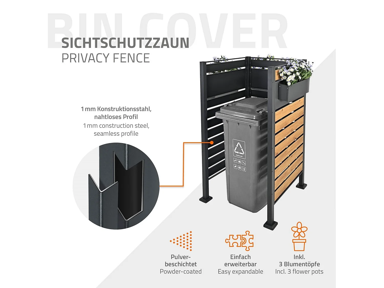 Abri pour 1 poubelle 91x91x150cm anthracite/aspect bois en acier 3 bacs à fleurs inclus extensible avec d'autres éléments habillage de jardin