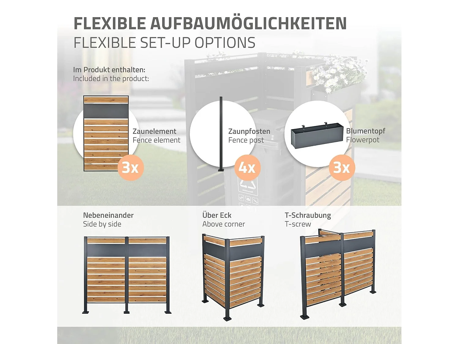 Abri pour 1 poubelle 91x91x150cm anthracite/aspect bois en acier 3 bacs à fleurs inclus extensible avec d'autres éléments habillage de jardin