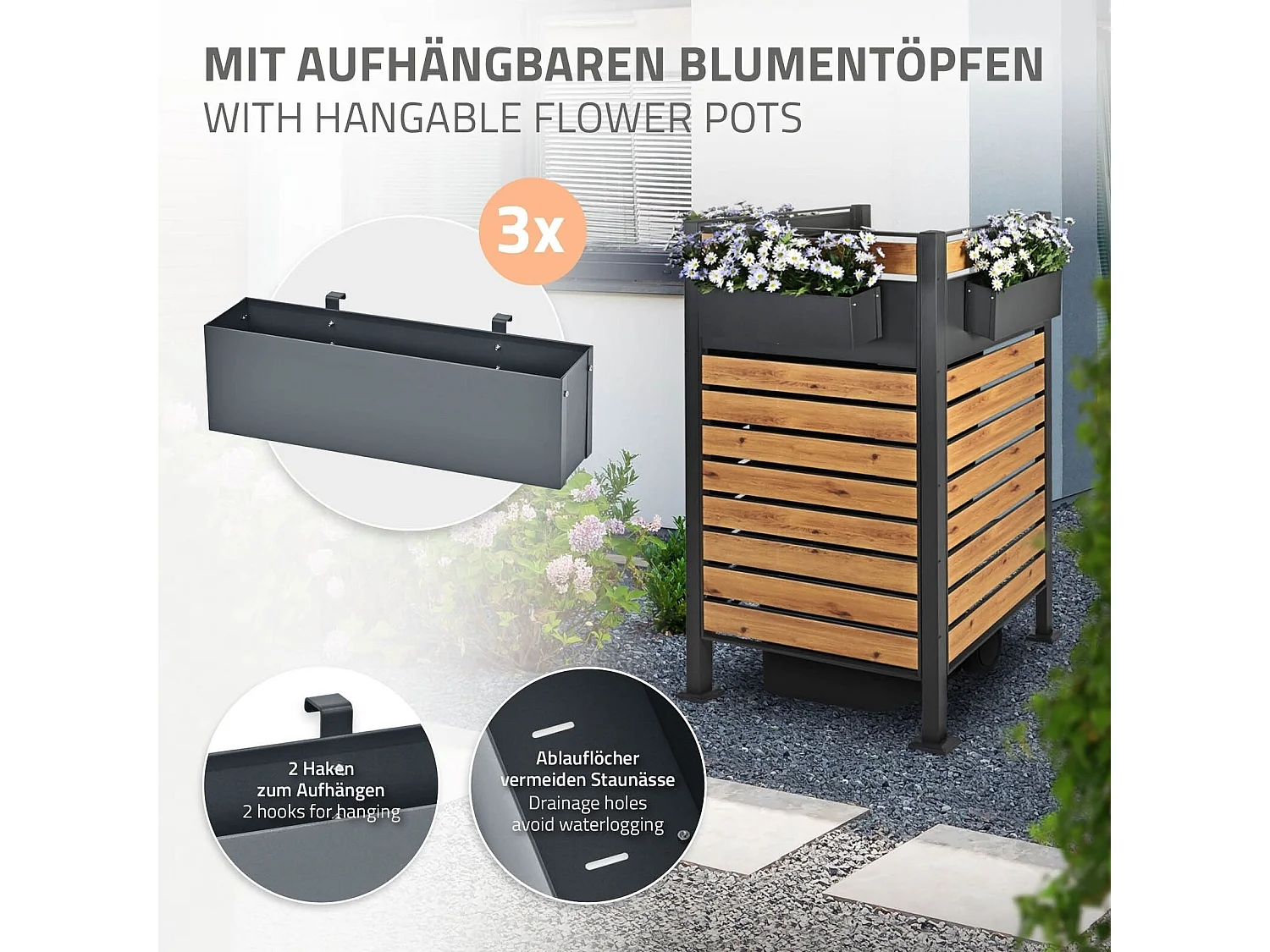 Abri pour 1 poubelle 91x91x150cm anthracite/aspect bois en acier 3 bacs à fleurs inclus extensible avec d'autres éléments habillage de jardin