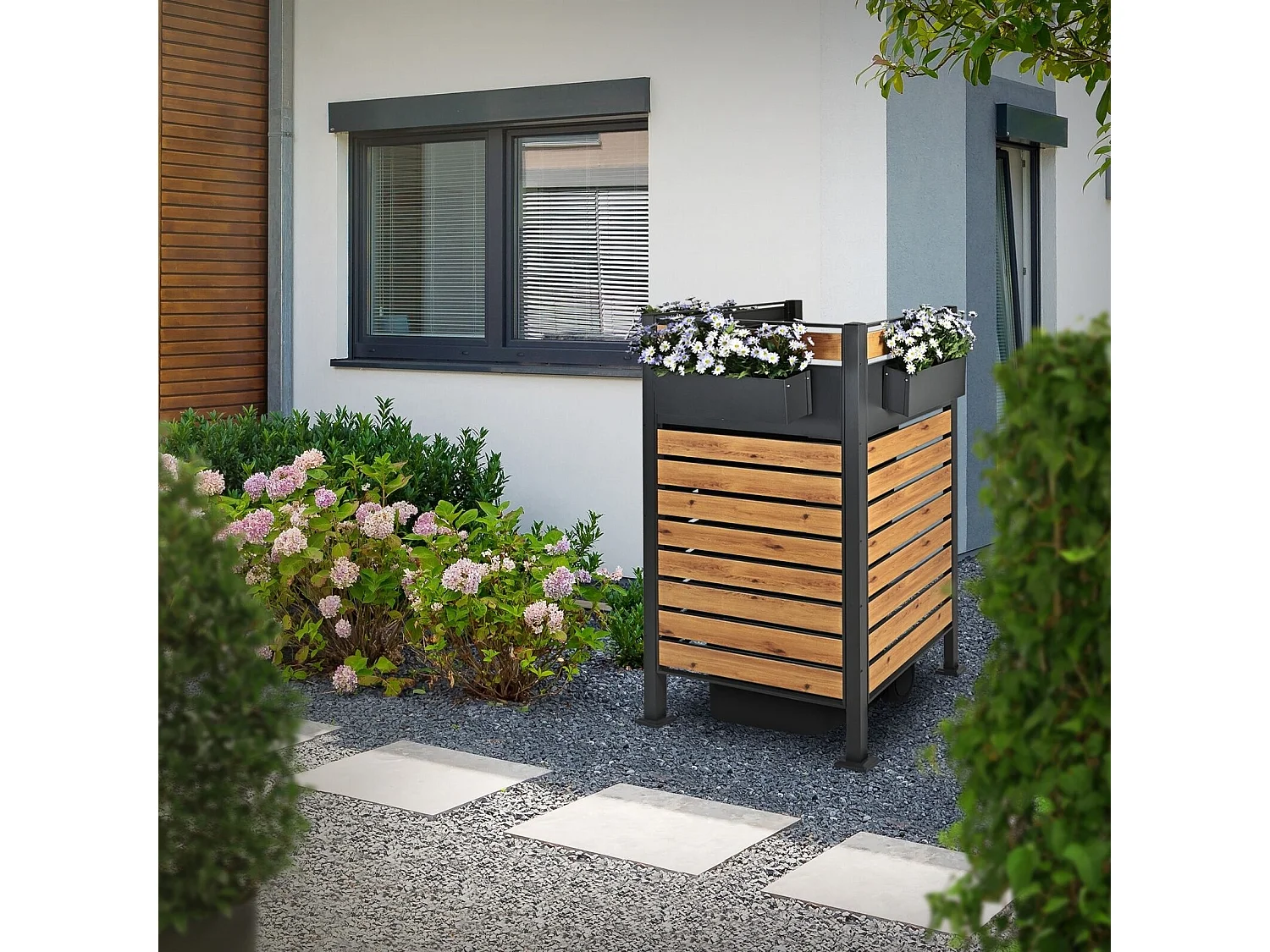 Abri pour 1 poubelle 91x91x150cm anthracite/aspect bois en acier 3 bacs à fleurs inclus extensible avec d'autres éléments habillage de jardin