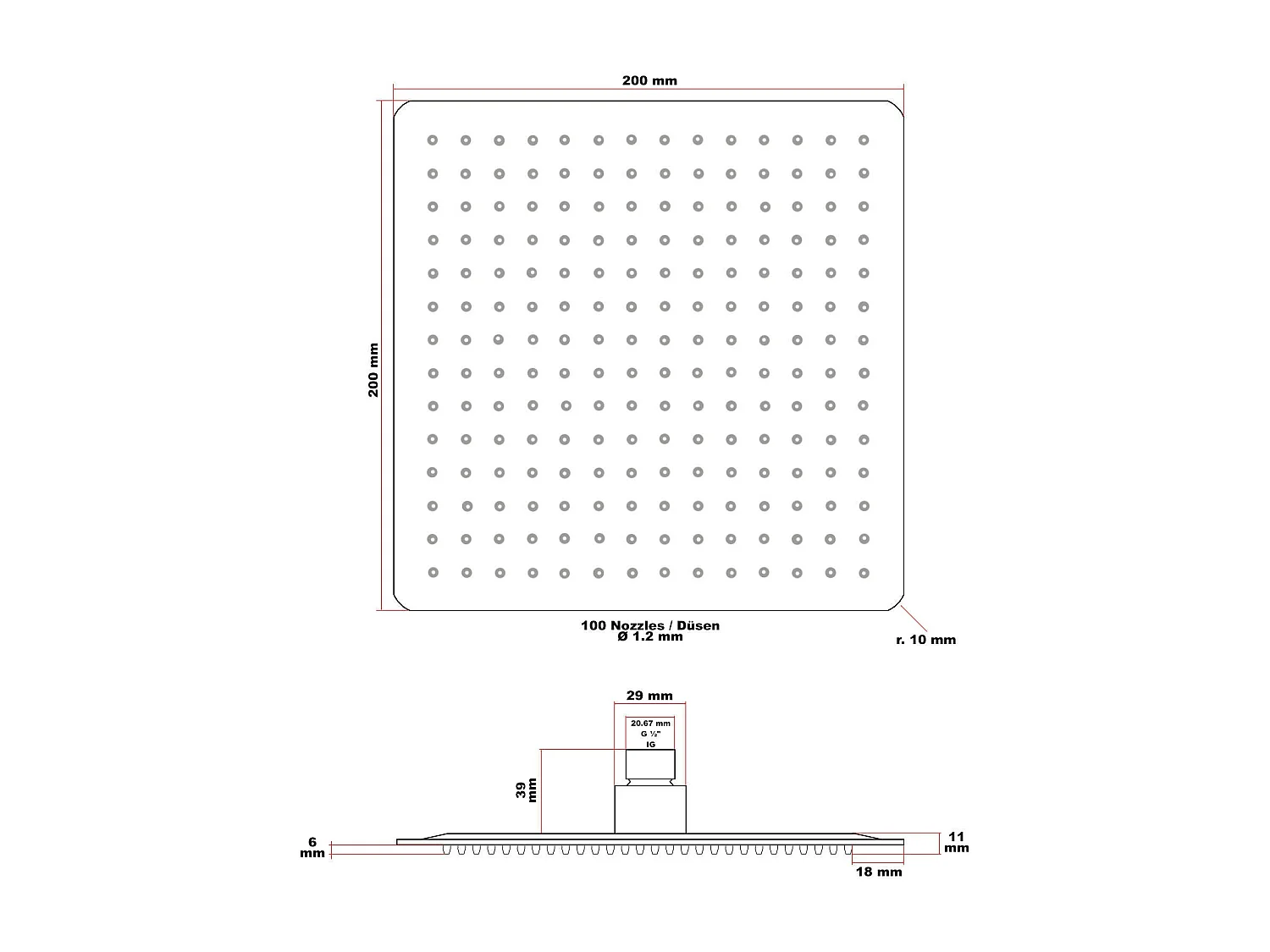 Rociador de ducha cuadrado rociador de ducha con chorro de lluvia 20 x 20 cm acero inoxidable 16_0000625
