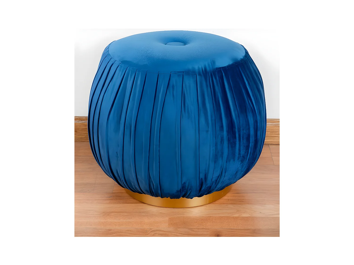 Puff 45*38 pliegues terciopelo azul base metal dorado dyana