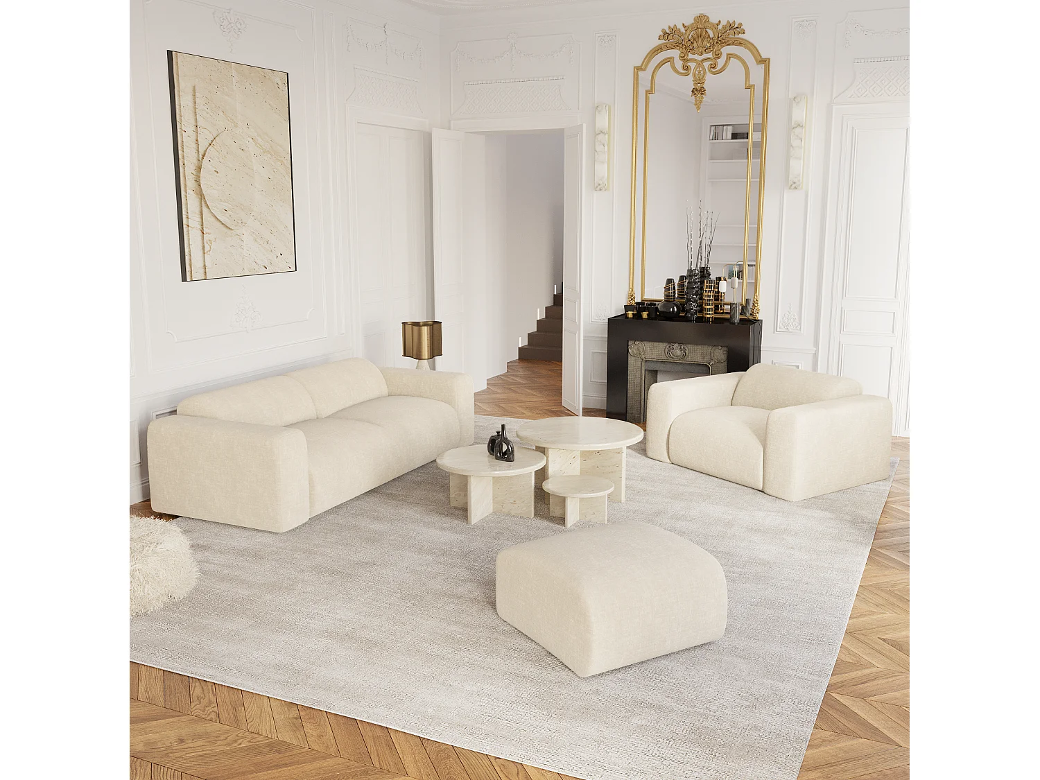 Pouf MYRA en velours texturé crème 75x75cm