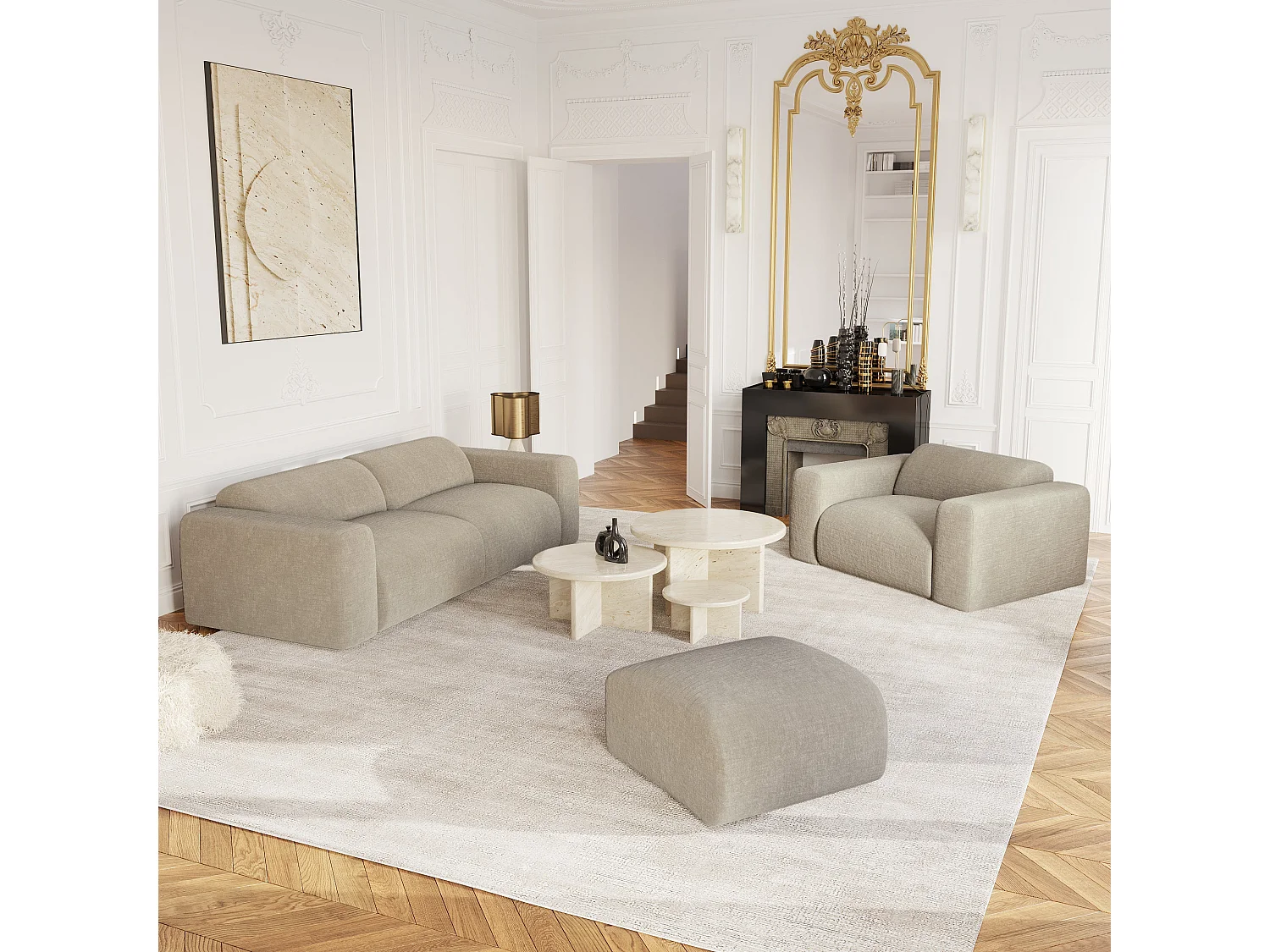 Pouf velours à motifs beige