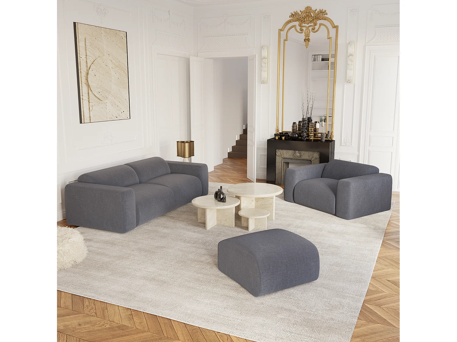 Pouf velours à motifs gris MYRA