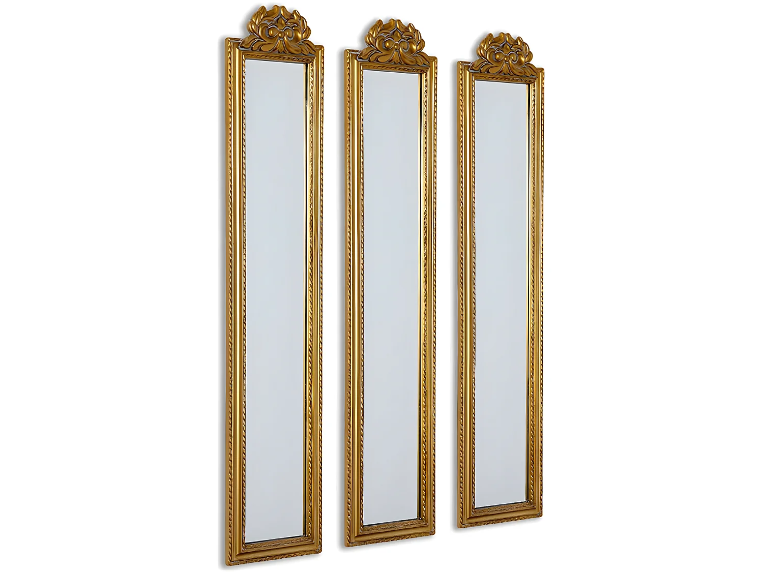 Juego de 3 espejos 25*120 marco dorado top flor aloe