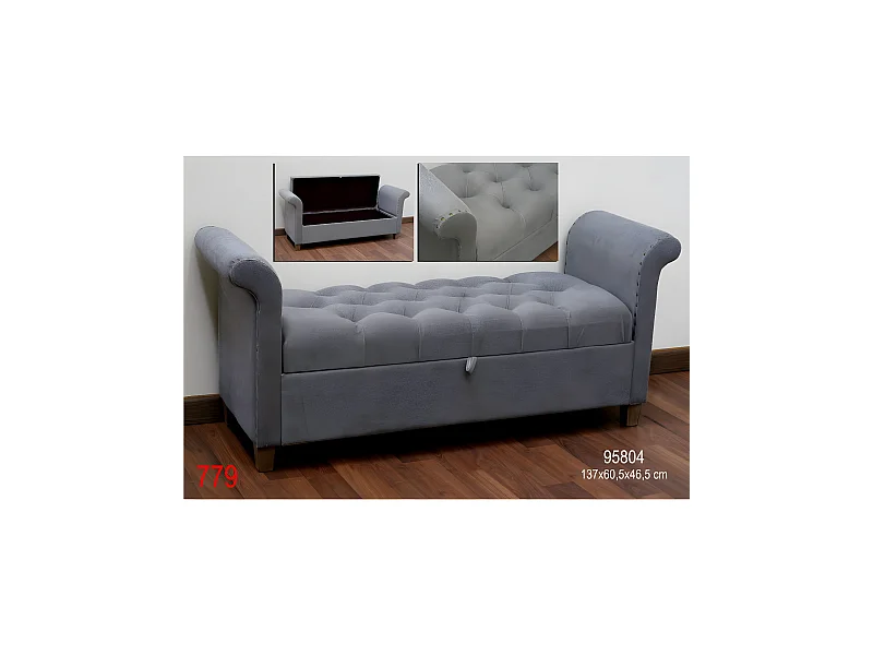 Pie de cama capitone con almacenaje en terciopelo color  gris jaspeado  137*60.5*46.5 confort