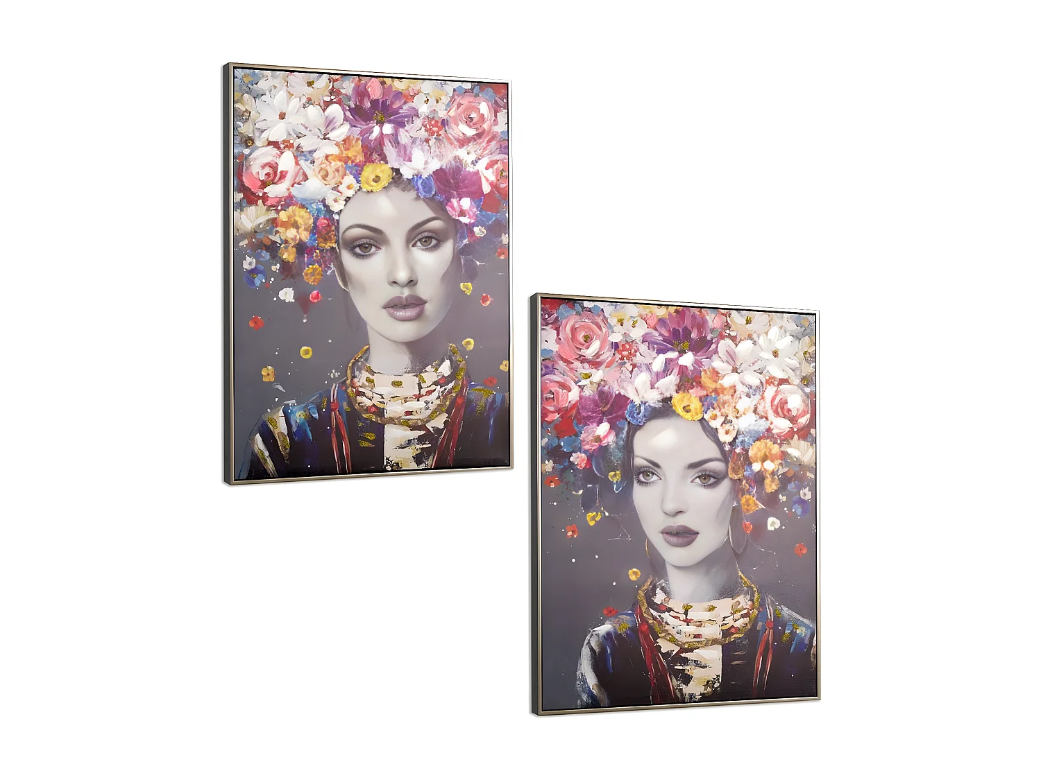 Juego de 2 cuadros 62*82 con marco mujer flores colores elegant