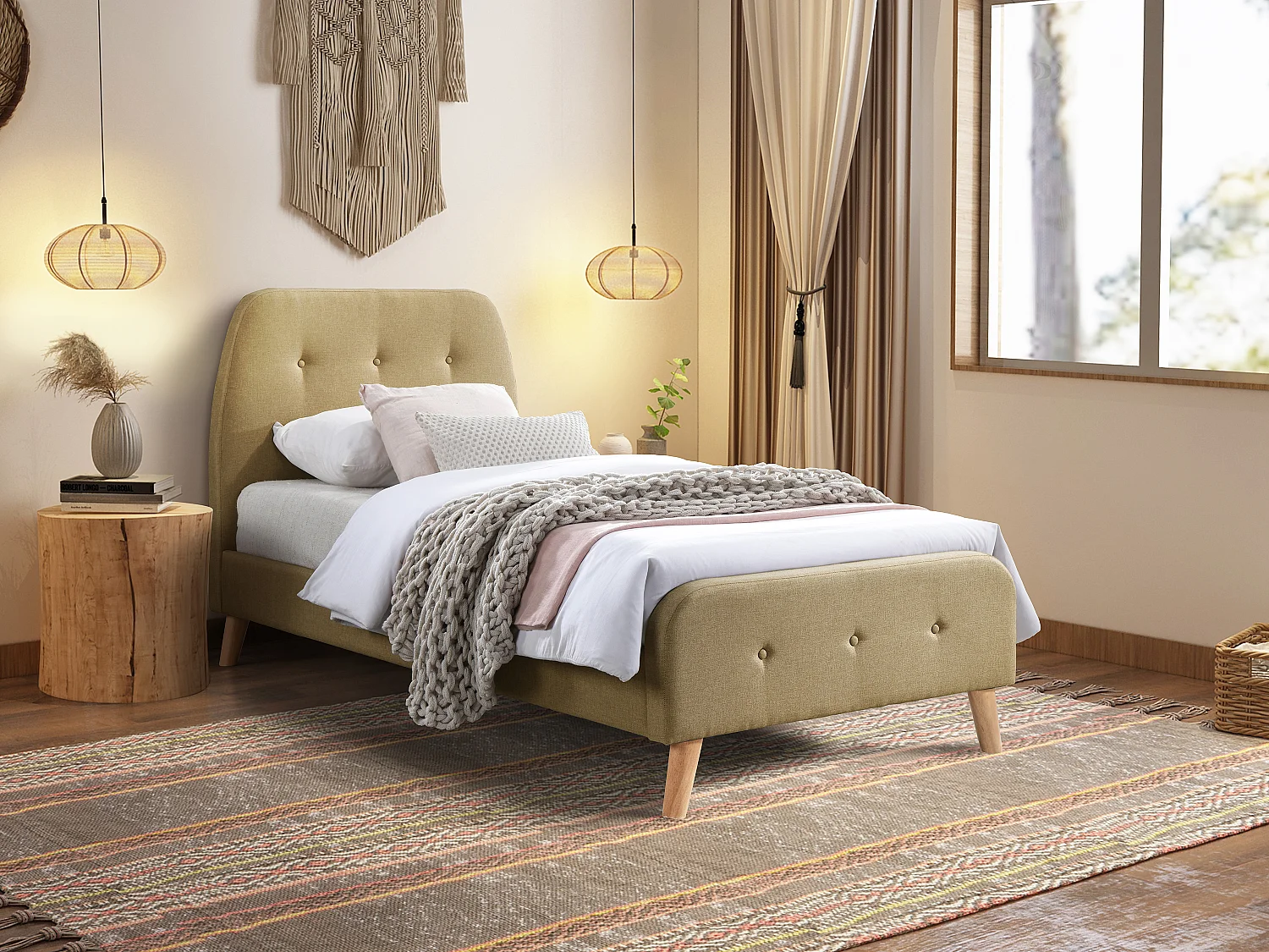 Lit 90 x 190 cm avec tête de lit capitonnée - Tissu - Beige - ROMEO