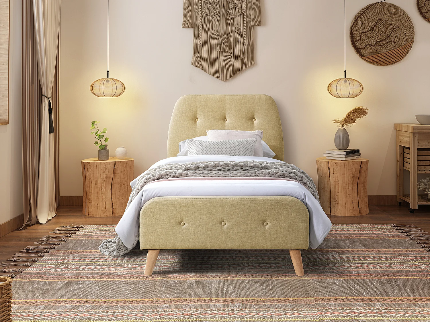 Säng 90 x 190 cm med stoppad sänggavel - Tyg - Beige - ROMEO