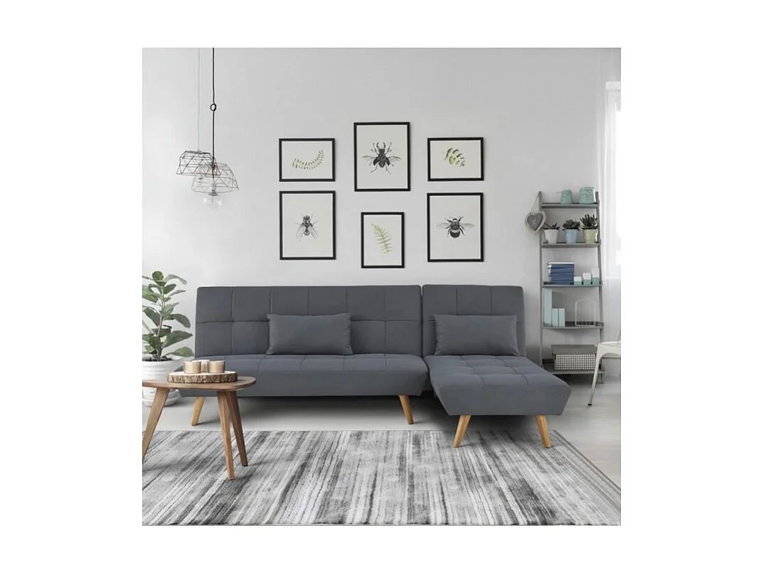 SANDRO Canapé d'angle Clic-Clac réversible scandinave 3 places - Tissu gris foncé capitonné avec coussins - L 224 x P 86