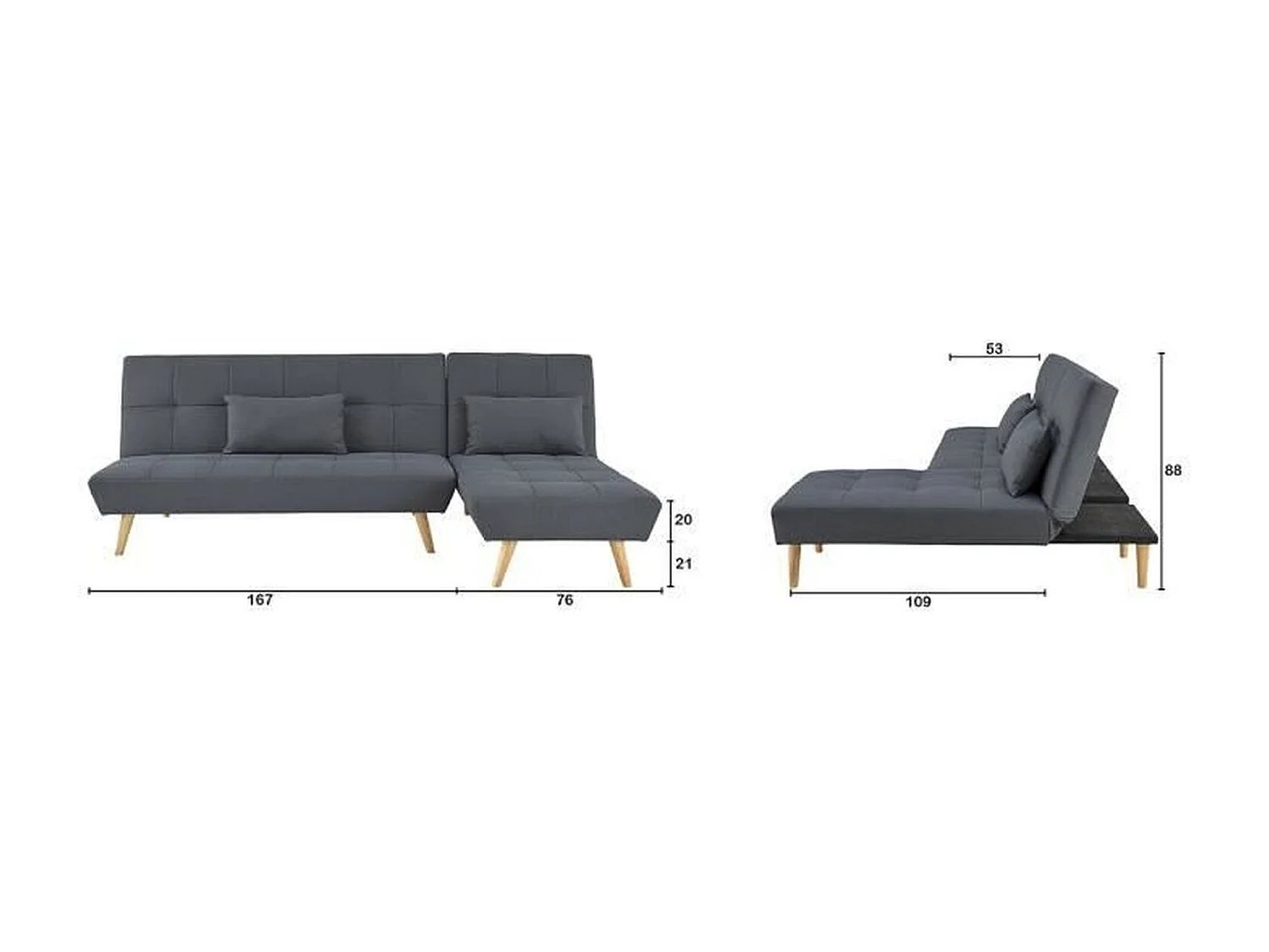 SANDRO Canapé d'angle Clic-Clac réversible scandinave 3 places - Tissu gris foncé capitonné avec coussins - L 224 x P 86