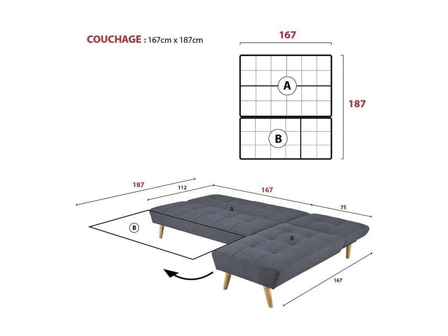 SANDRO Canapé d'angle Clic-Clac réversible scandinave 3 places - Tissu gris foncé capitonné avec coussins - L 224 x P 86