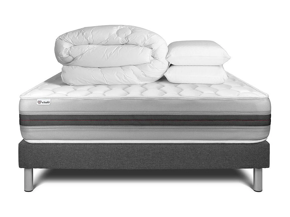 Komplettpaket Bett - Matratze 200x200 cm + Boxspringbett mit Lattenrost (im Set) + 2 Kopfkissen + Bettdecke - Vitalspring Recover