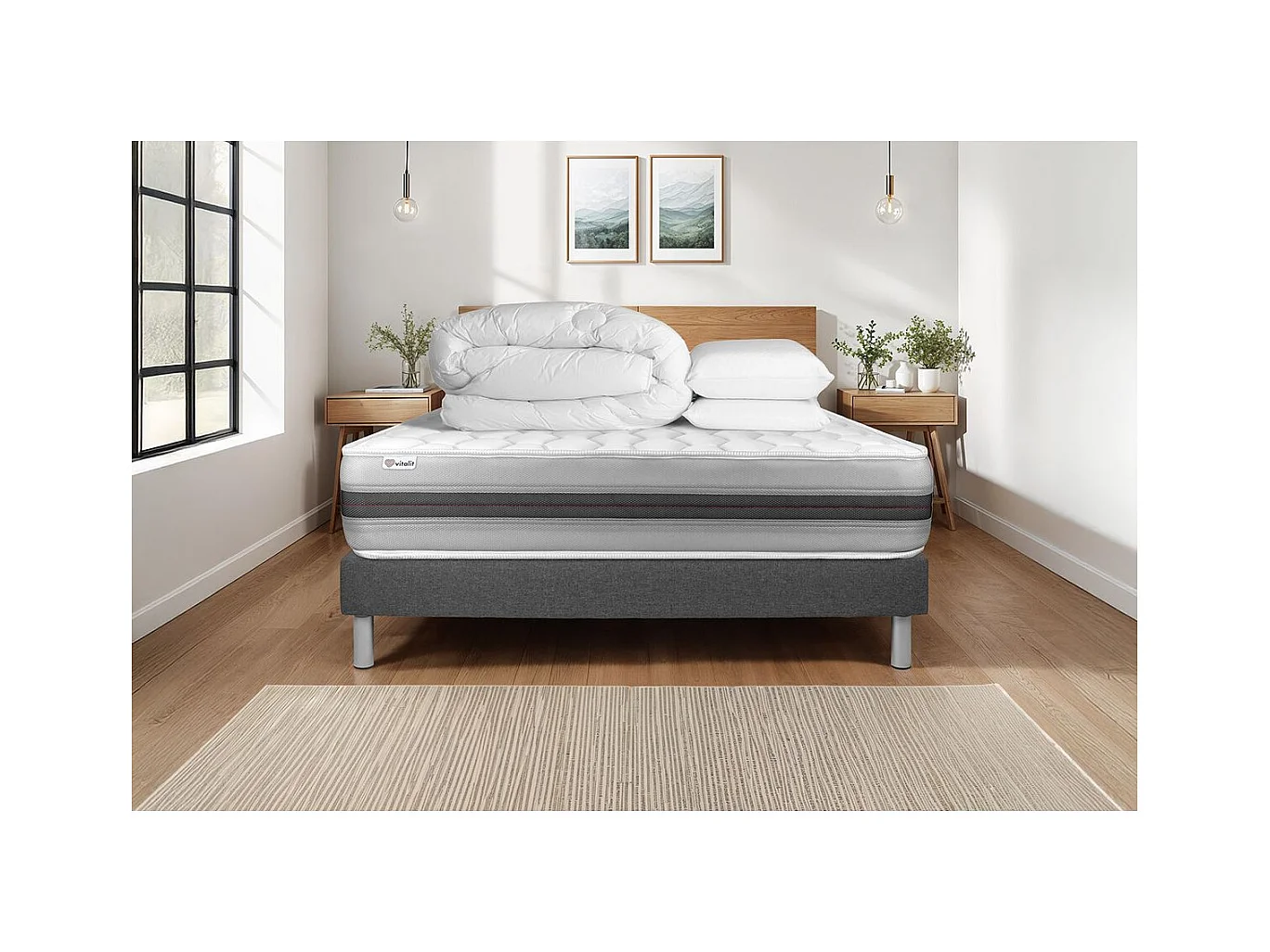 Compleet bedpakket - Matras 200x200 cm + Boxspring met lattenbodem (in kit) + 2 kussens + Dekbed - Vitalspring Recover